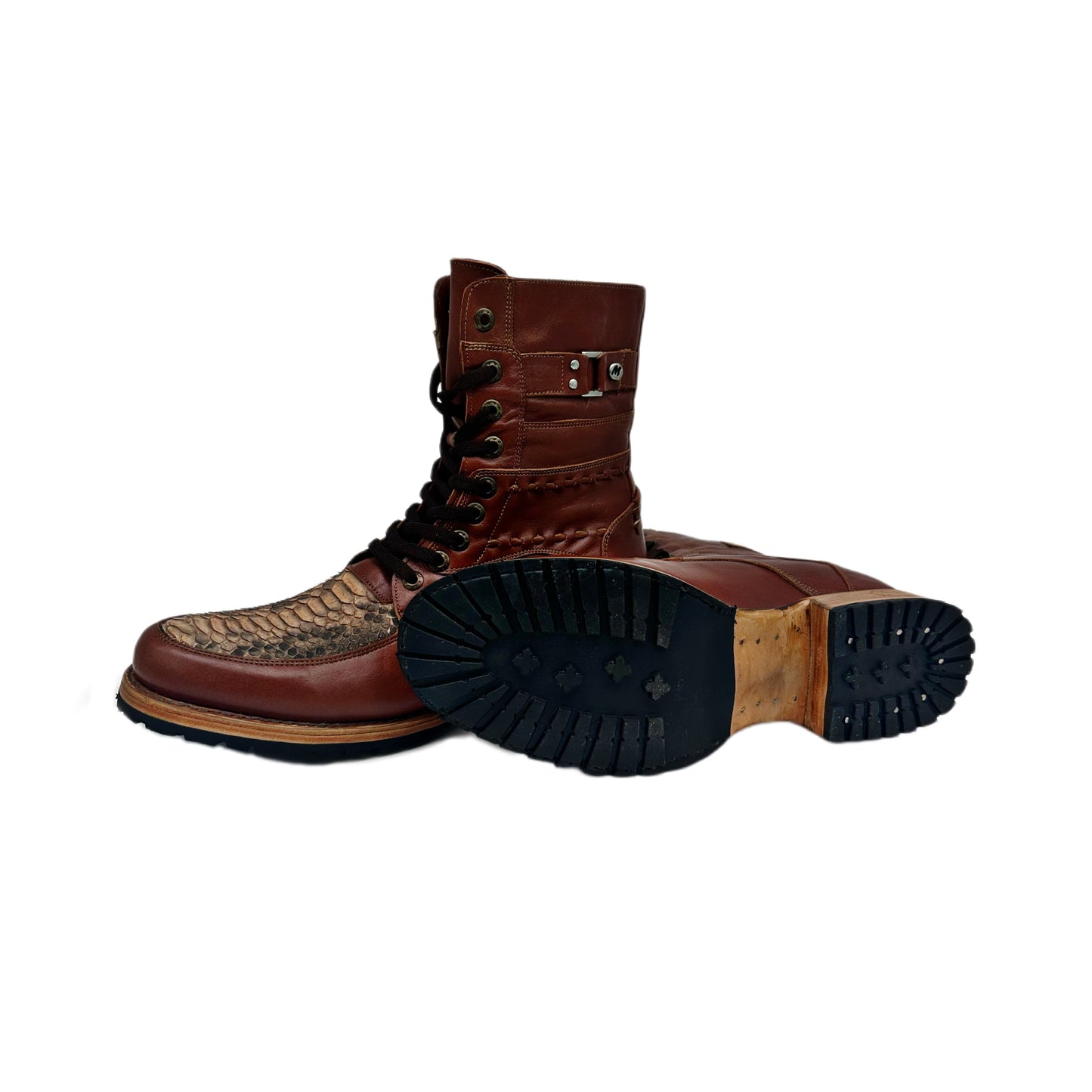 Men’s Size 12 Snakeskin Combat Boots – Handmade Exotic Leather, Lace-Up Western Style