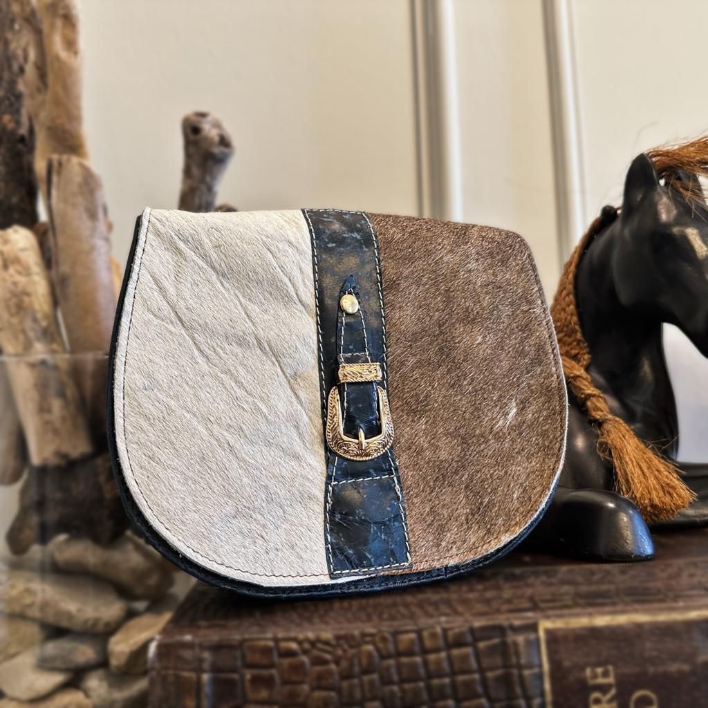 Speckled Denim Floral Tooled Leather Cowhide Crossbody Purse