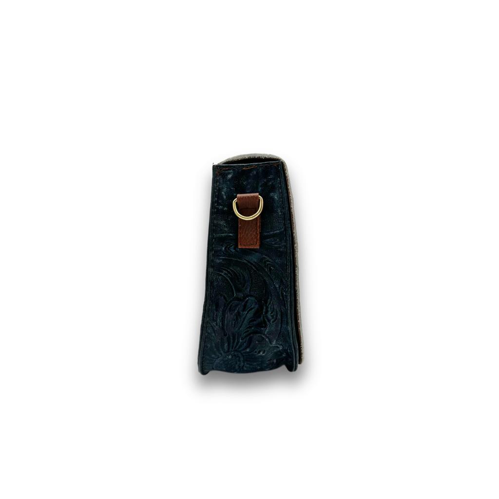 Speckled Denim Floral Tooled Leather Cowhide Crossbody Purse