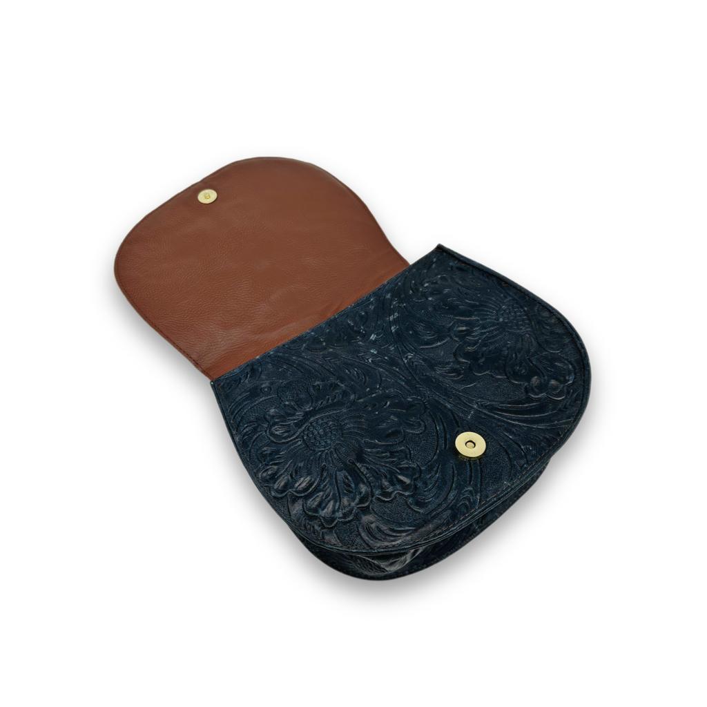 Speckled Denim Floral Tooled Leather Cowhide Crossbody Purse