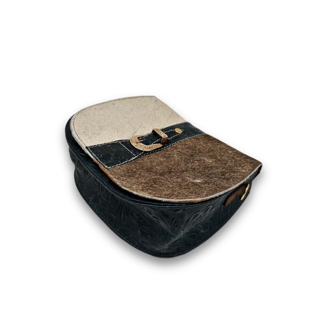 Speckled Denim Floral Tooled Leather Cowhide Crossbody Purse
