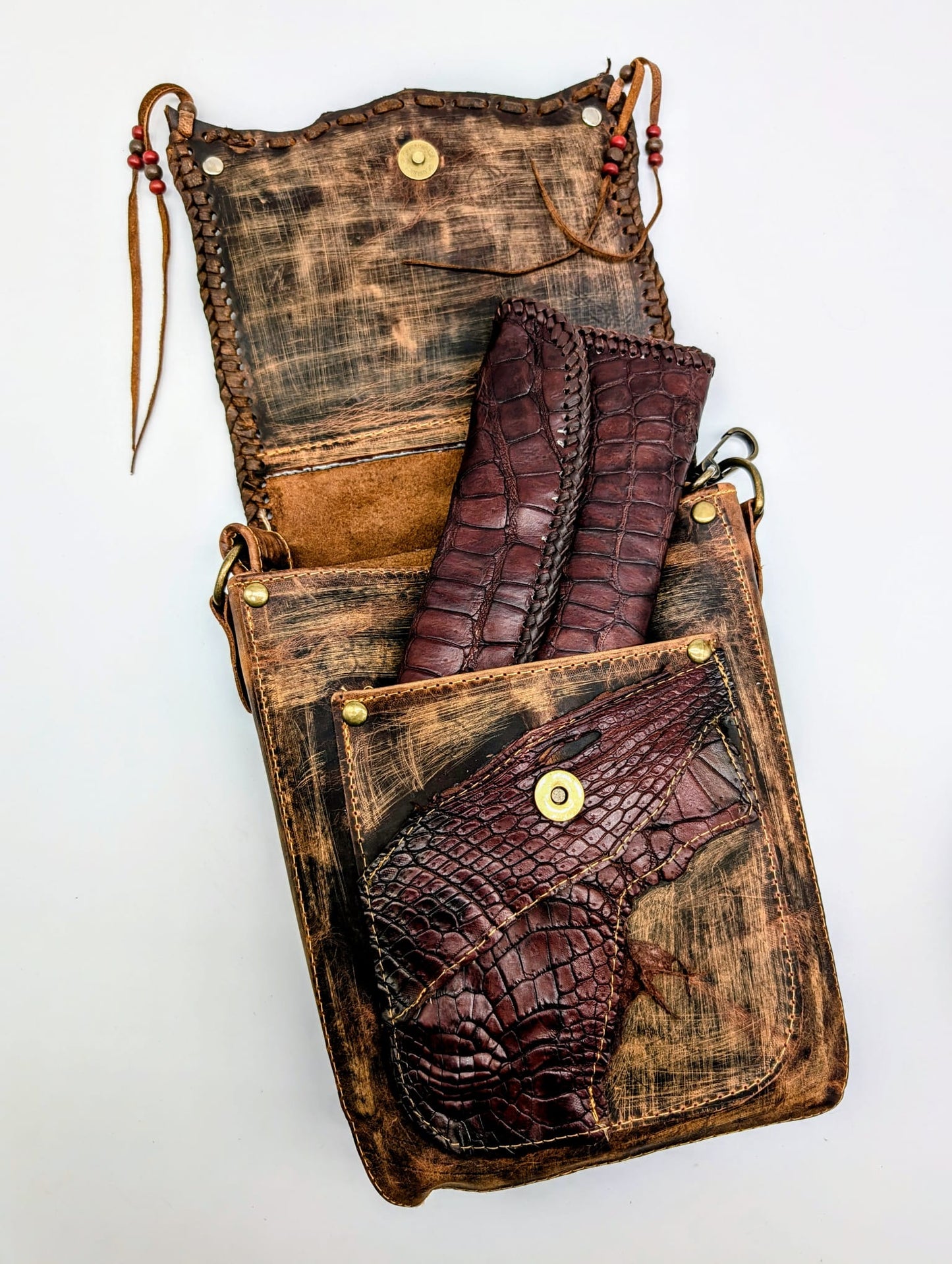 Bohemian Alligator Hornback Leather Hip Bag with Beaded Tassels