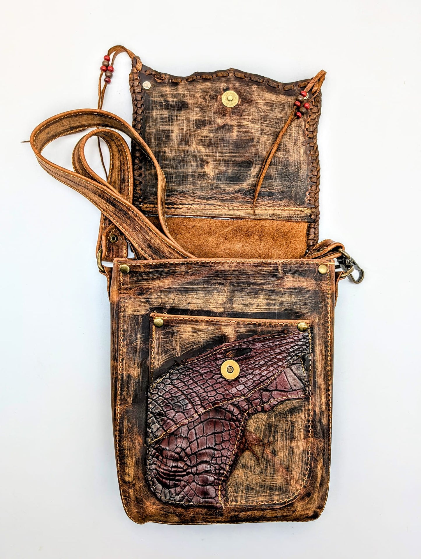 Bohemian Alligator Hornback Leather Hip Bag with Beaded Tassels