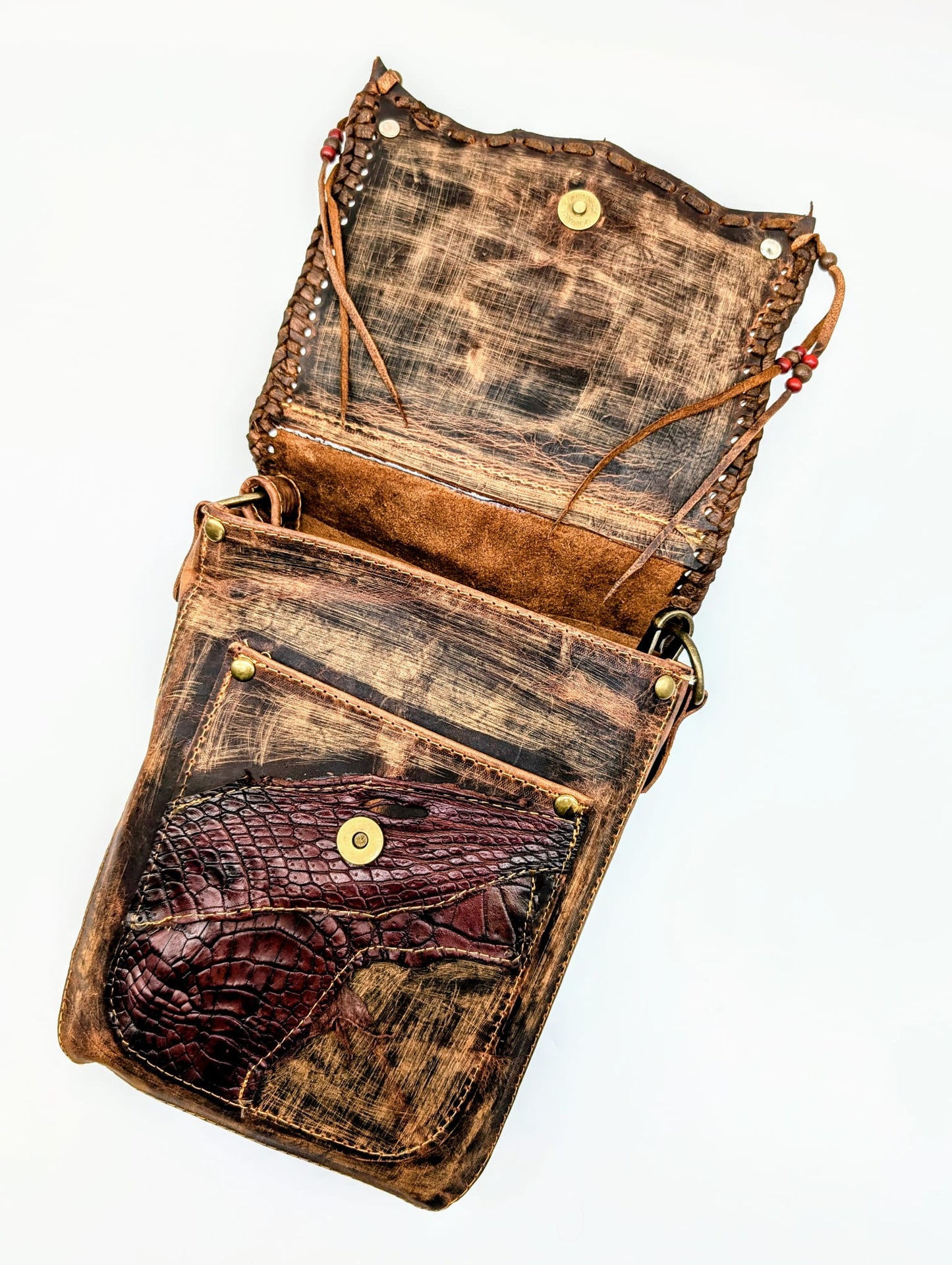 Bohemian Alligator Hornback Leather Hip Bag with Beaded Tassels