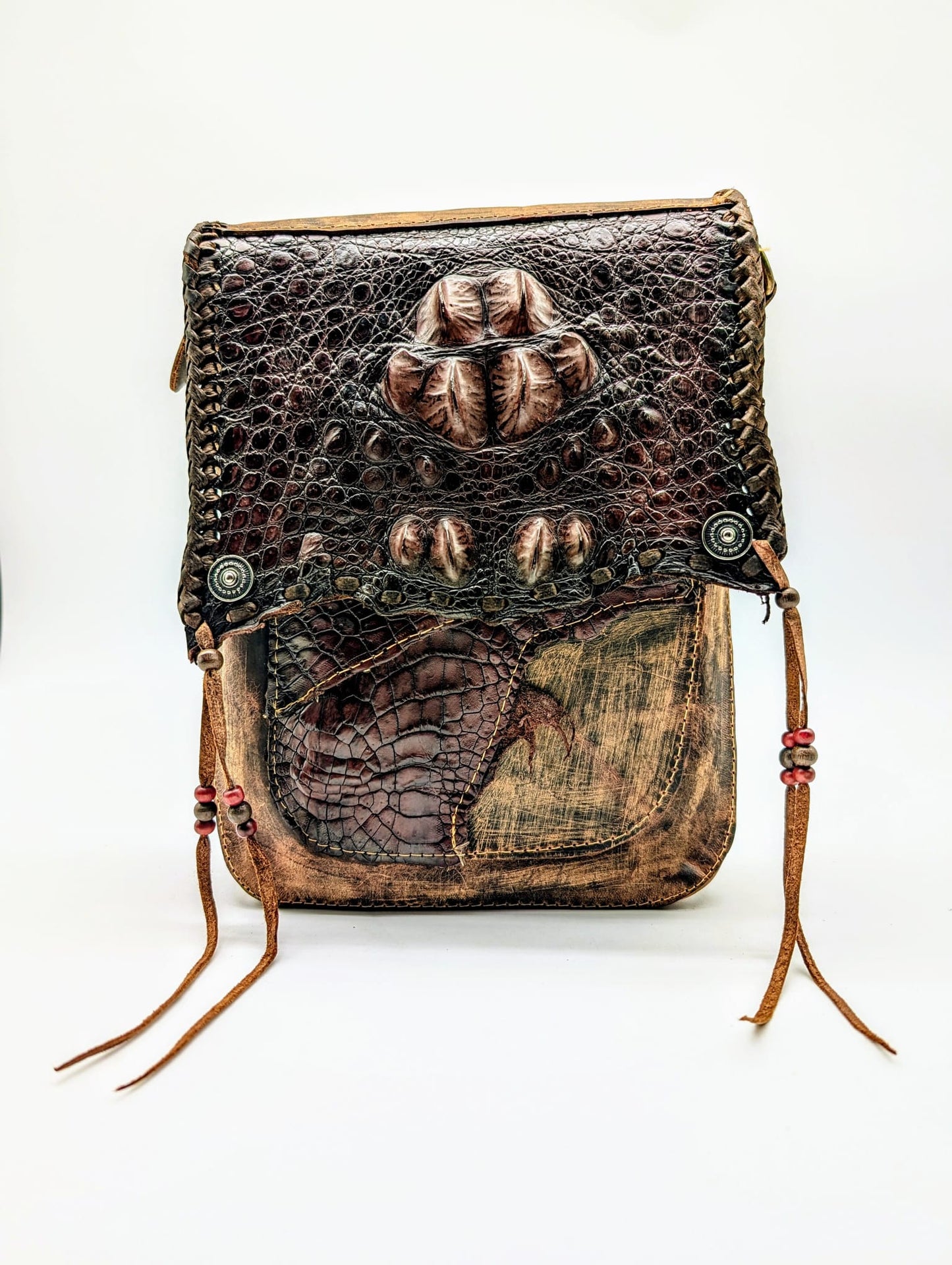 Bohemian Alligator Hornback Leather Hip Bag with Beaded Tassels