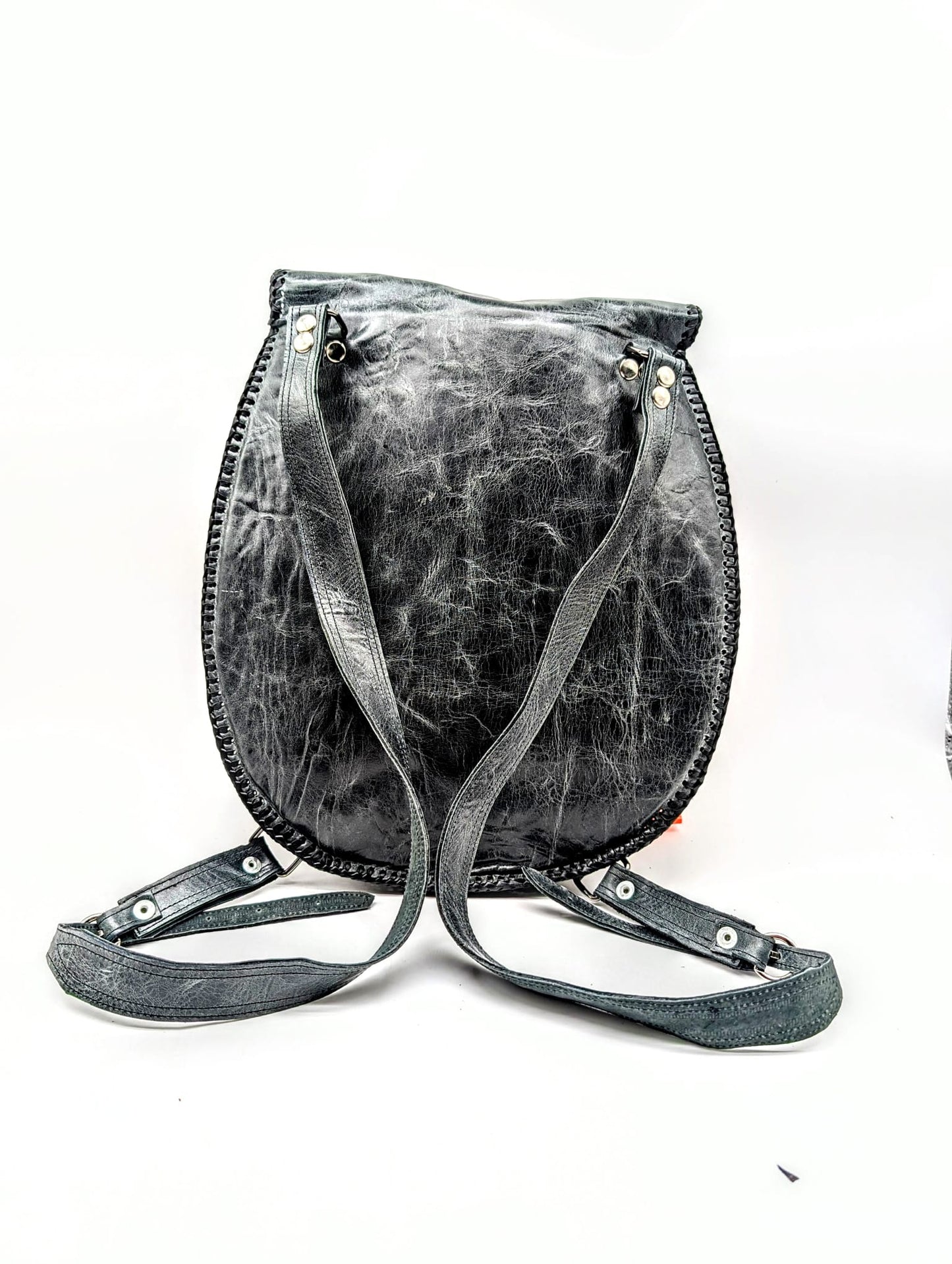 Bohemian Armadillo Snakeskin Whipstitch Leather Backpack with Antler Bone Closure, Bohemian Bag with Armadillo Shell and Fringe Charm