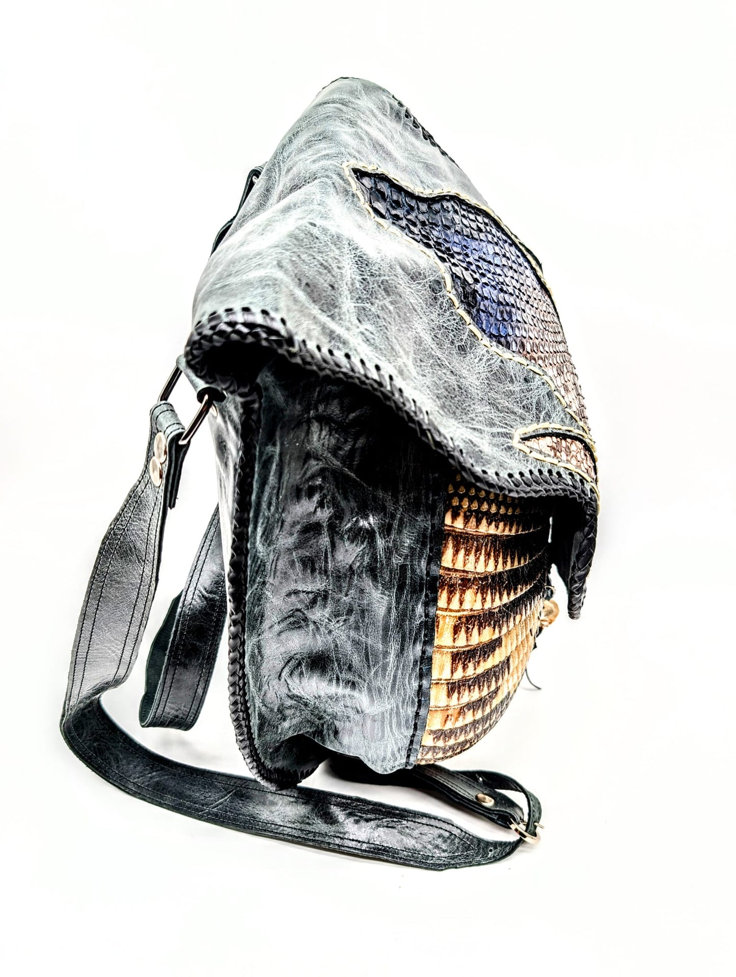 Bohemian Armadillo Snakeskin Whipstitch Leather Backpack with Antler Bone Closure, Bohemian Bag with Armadillo Shell and Fringe Charm