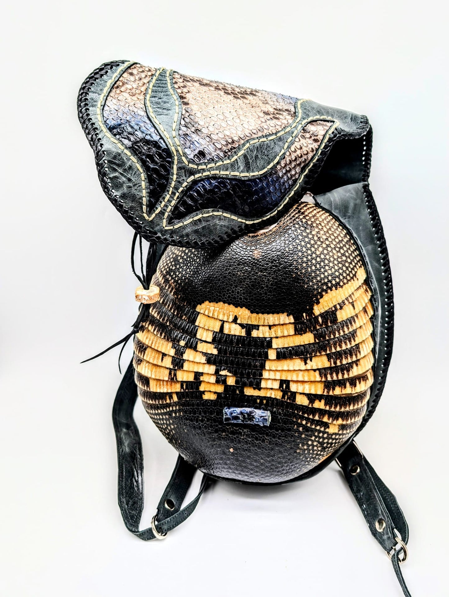 Bohemian Armadillo Snakeskin Whipstitch Leather Backpack with Antler Bone Closure, Bohemian Bag with Armadillo Shell and Fringe Charm