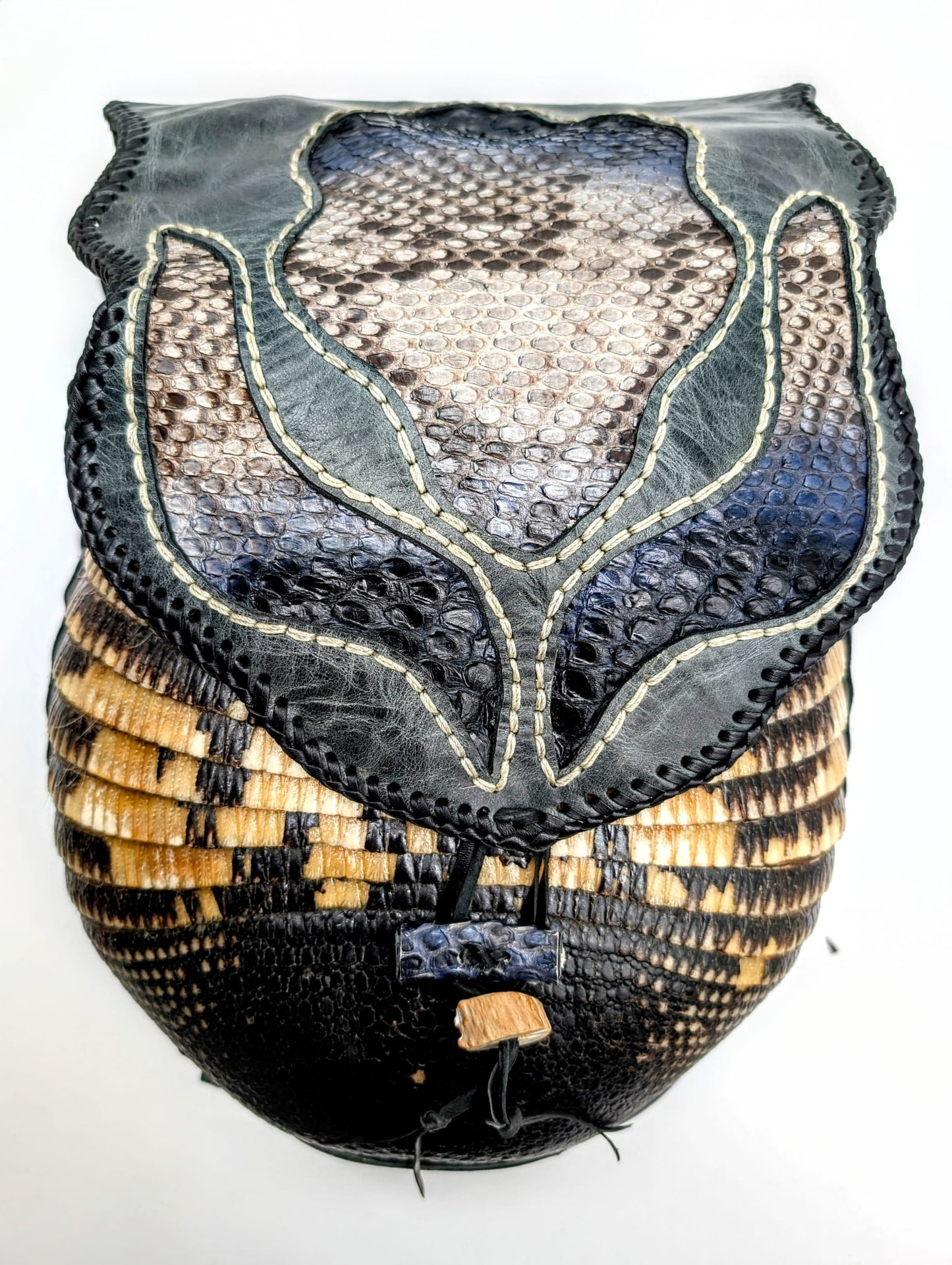 Bohemian Armadillo Snakeskin Whipstitch Leather Backpack with Antler Bone Closure, Bohemian Bag with Armadillo Shell and Fringe Charm