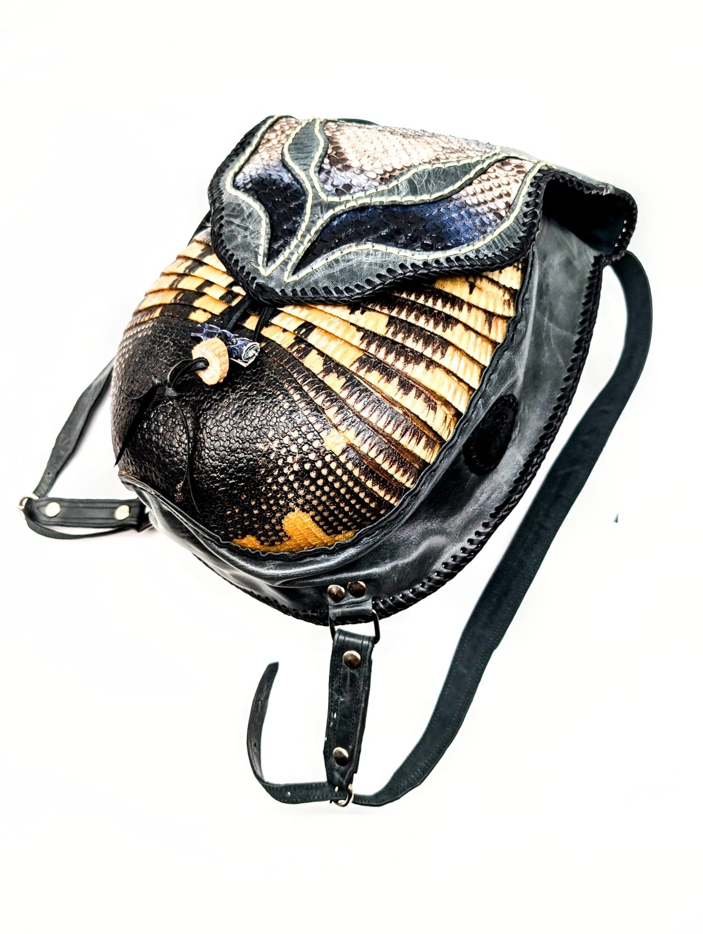 Bohemian Armadillo Snakeskin Whipstitch Leather Backpack with Antler Bone Closure, Bohemian Bag with Armadillo Shell and Fringe Charm