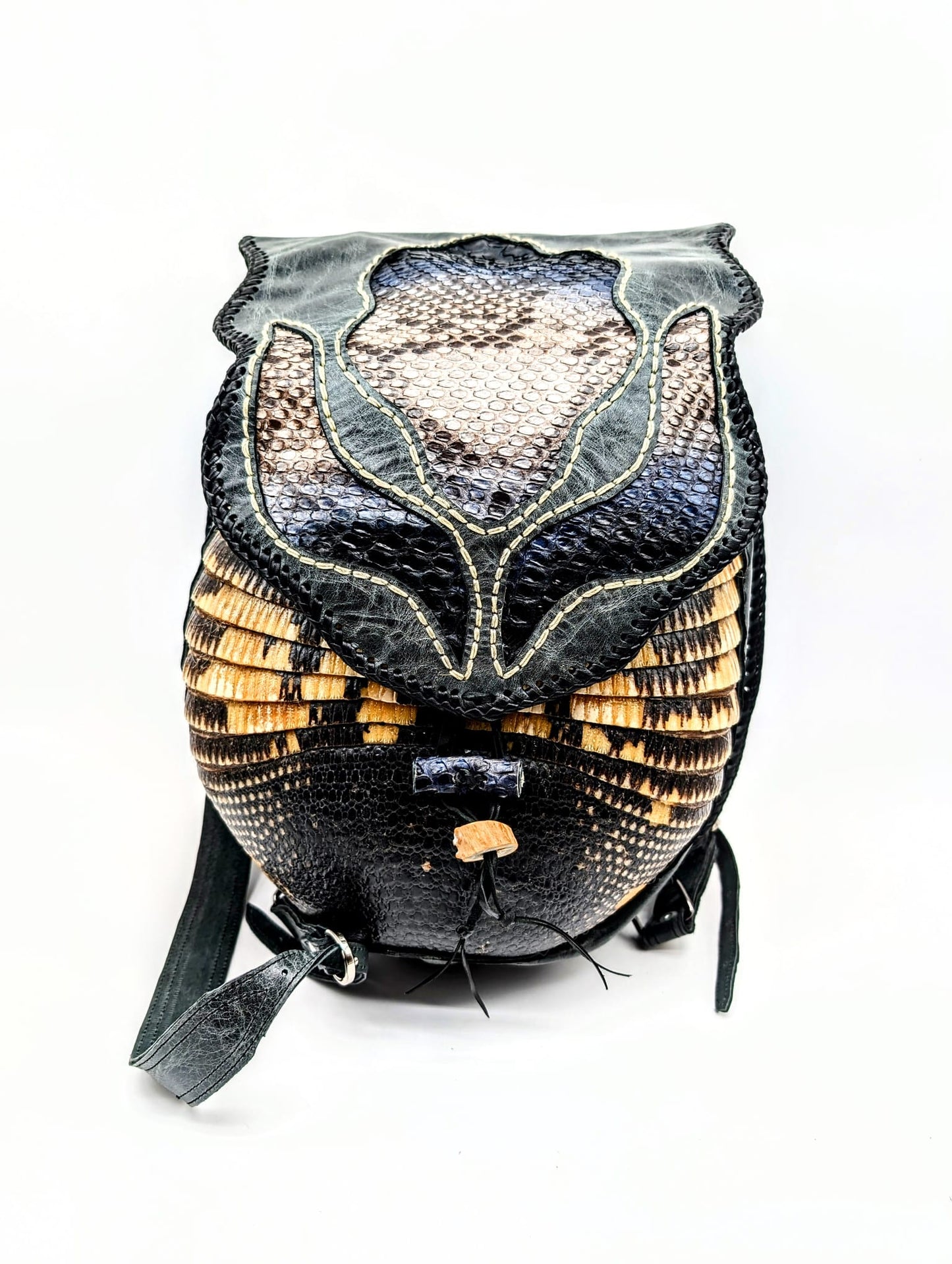 Bohemian Armadillo Snakeskin Whipstitch Leather Backpack with Antler Bone Closure, Bohemian Bag with Armadillo Shell and Fringe Charm