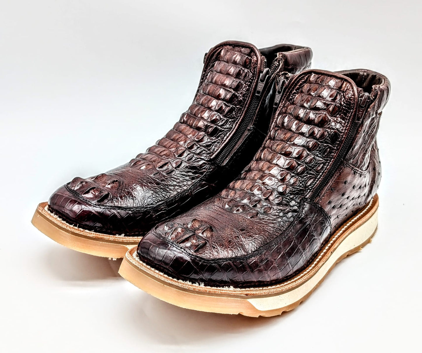 Sobek's Hornback Alligator Ostrich Ankle Boots for Men, Chelsea Style, Dual Zipper, Goodyear Welt, Lug Sole, Handmade Exotic Leather