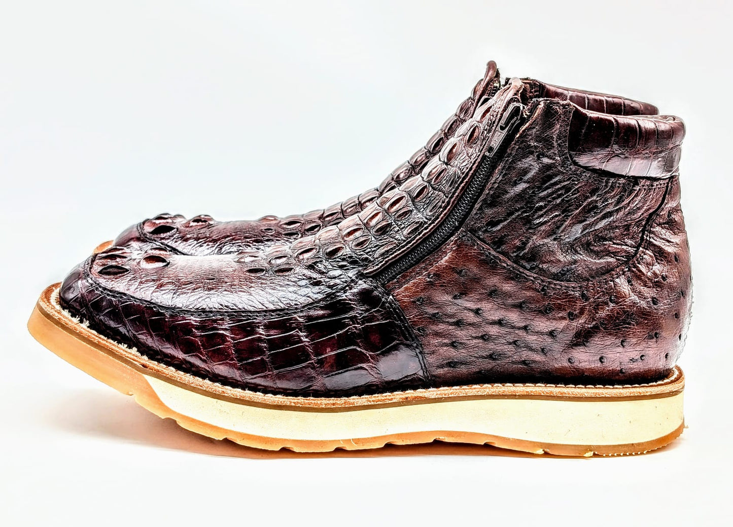 Sobek's Hornback Alligator Ostrich Ankle Boots for Men, Chelsea Style, Dual Zipper, Goodyear Welt, Lug Sole, Handmade Exotic Leather