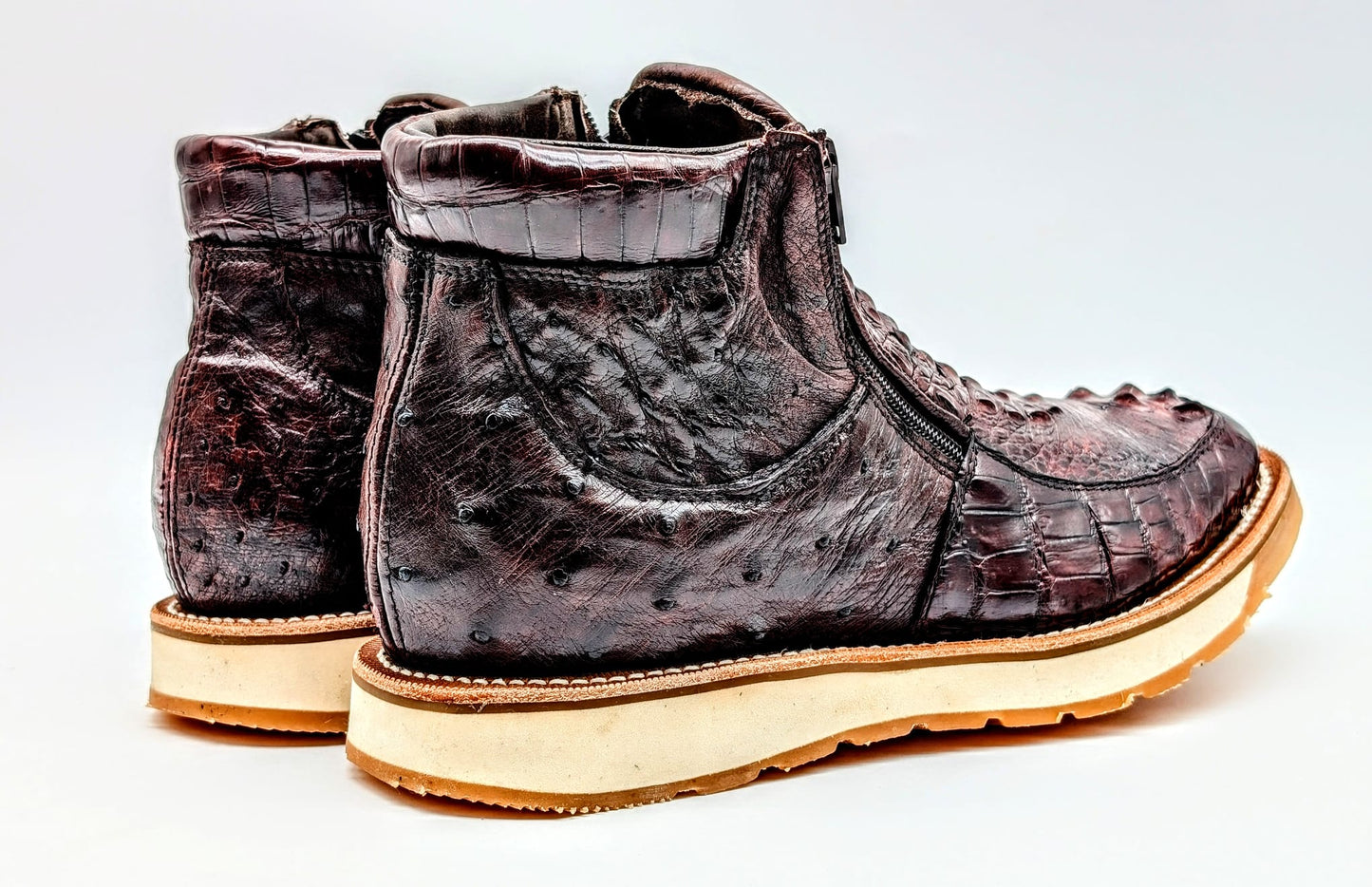 Sobek's Hornback Alligator Ostrich Ankle Boots for Men, Chelsea Style, Dual Zipper, Goodyear Welt, Lug Sole, Handmade Exotic Leather