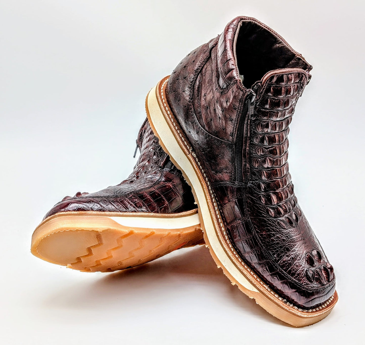 Sobek's Hornback Alligator Ostrich Ankle Boots for Men, Chelsea Style, Dual Zipper, Goodyear Welt, Lug Sole, Handmade Exotic Leather