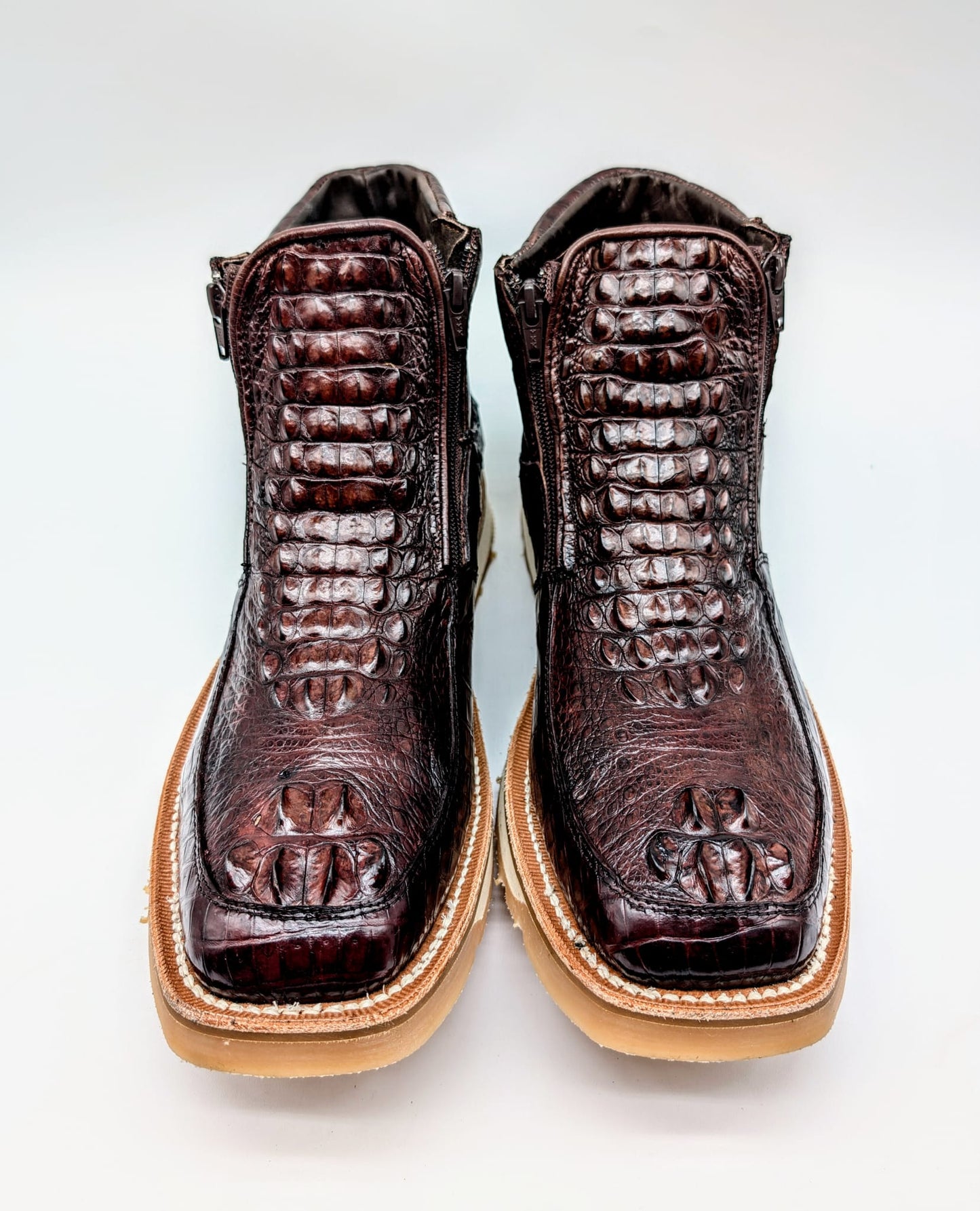 Sobek's Hornback Alligator Ostrich Ankle Boots for Men, Chelsea Style, Dual Zipper, Goodyear Welt, Lug Sole, Handmade Exotic Leather