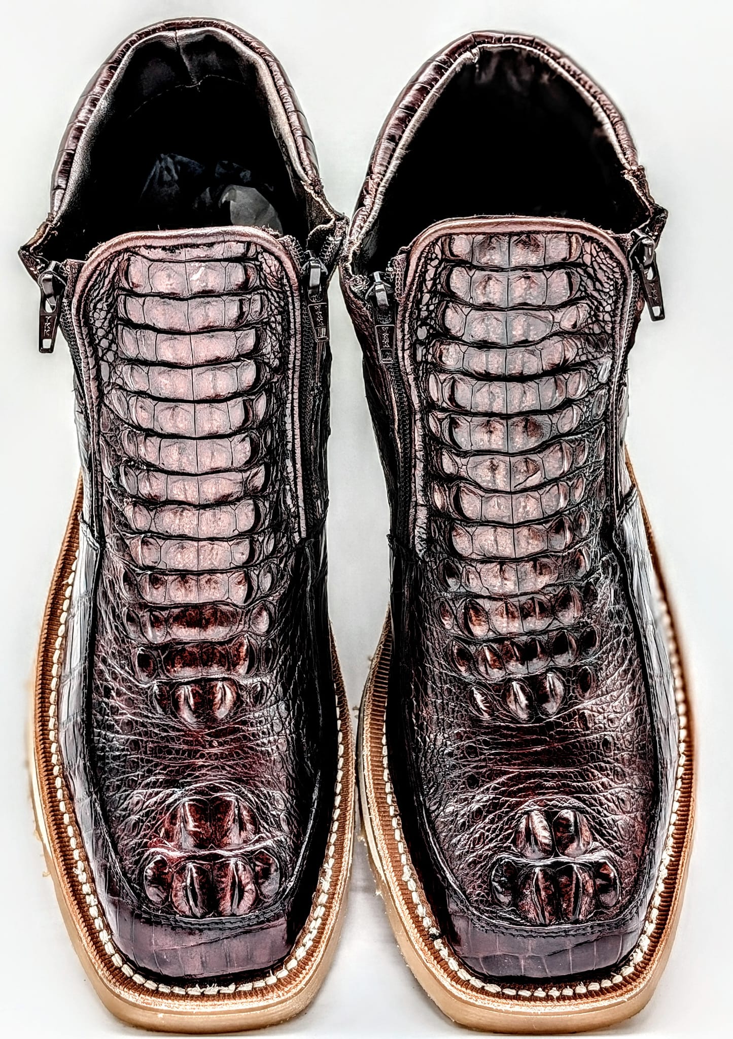 Sobek's Hornback Alligator Ostrich Ankle Boots for Men, Chelsea Style, Dual Zipper, Goodyear Welt, Lug Sole, Handmade Exotic Leather