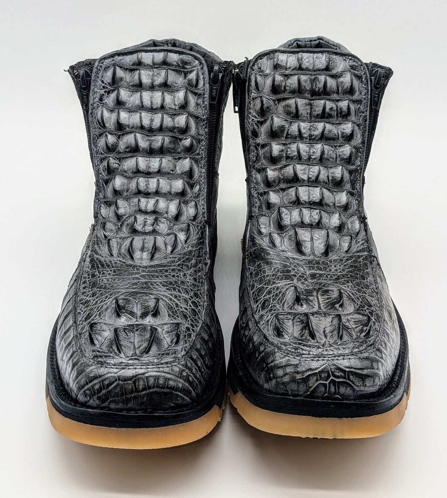 Sobek's Hornback Alligator Ostrich Ankle Boots, Chelsea Boots, Dual Zipper, Goodyear Welt, Lug Sole, Handmade Exotic Leather