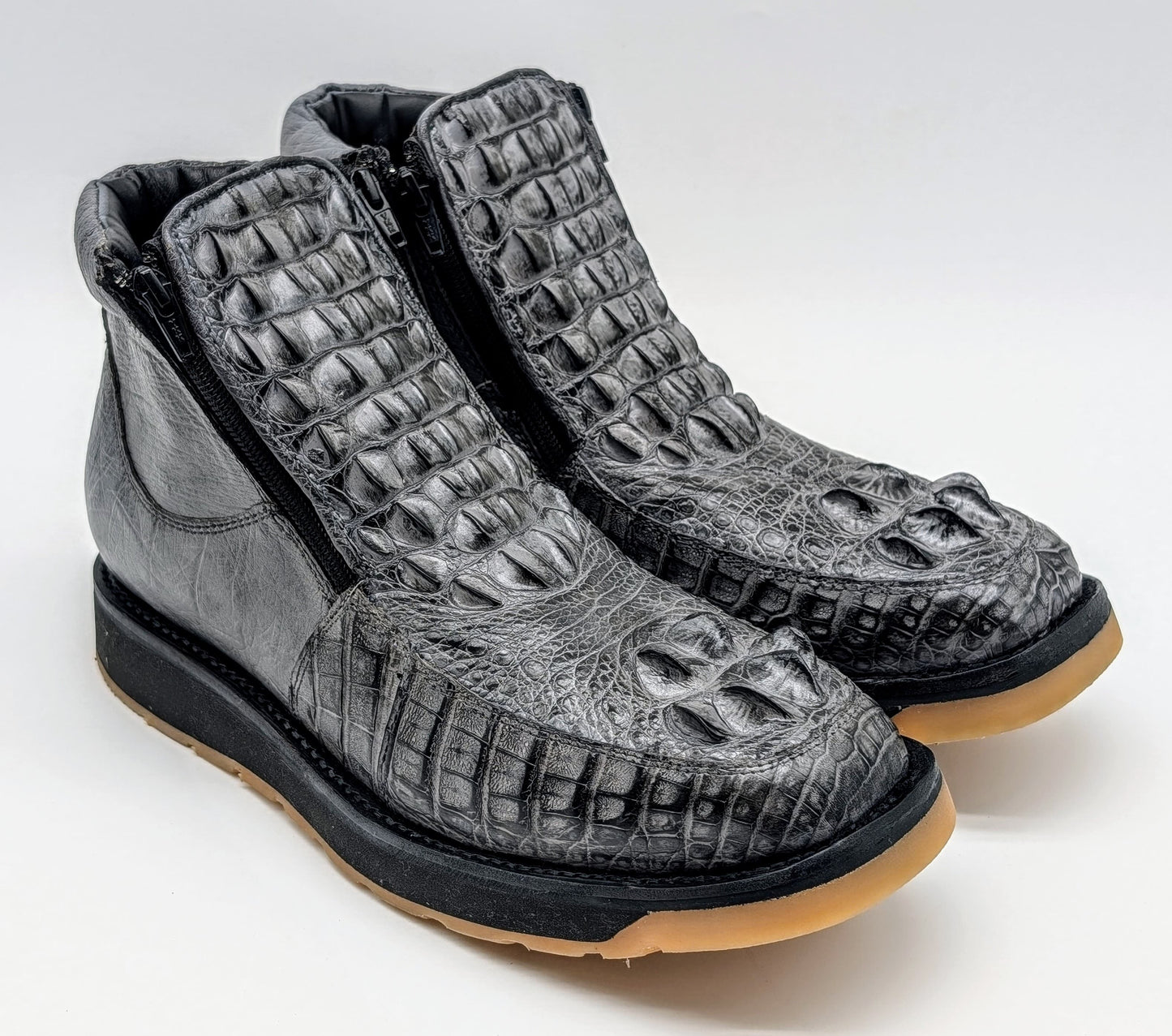 Sobek's Hornback Alligator Ostrich Ankle Boots, Chelsea Boots, Dual Zipper, Goodyear Welt, Lug Sole, Handmade Exotic Leather