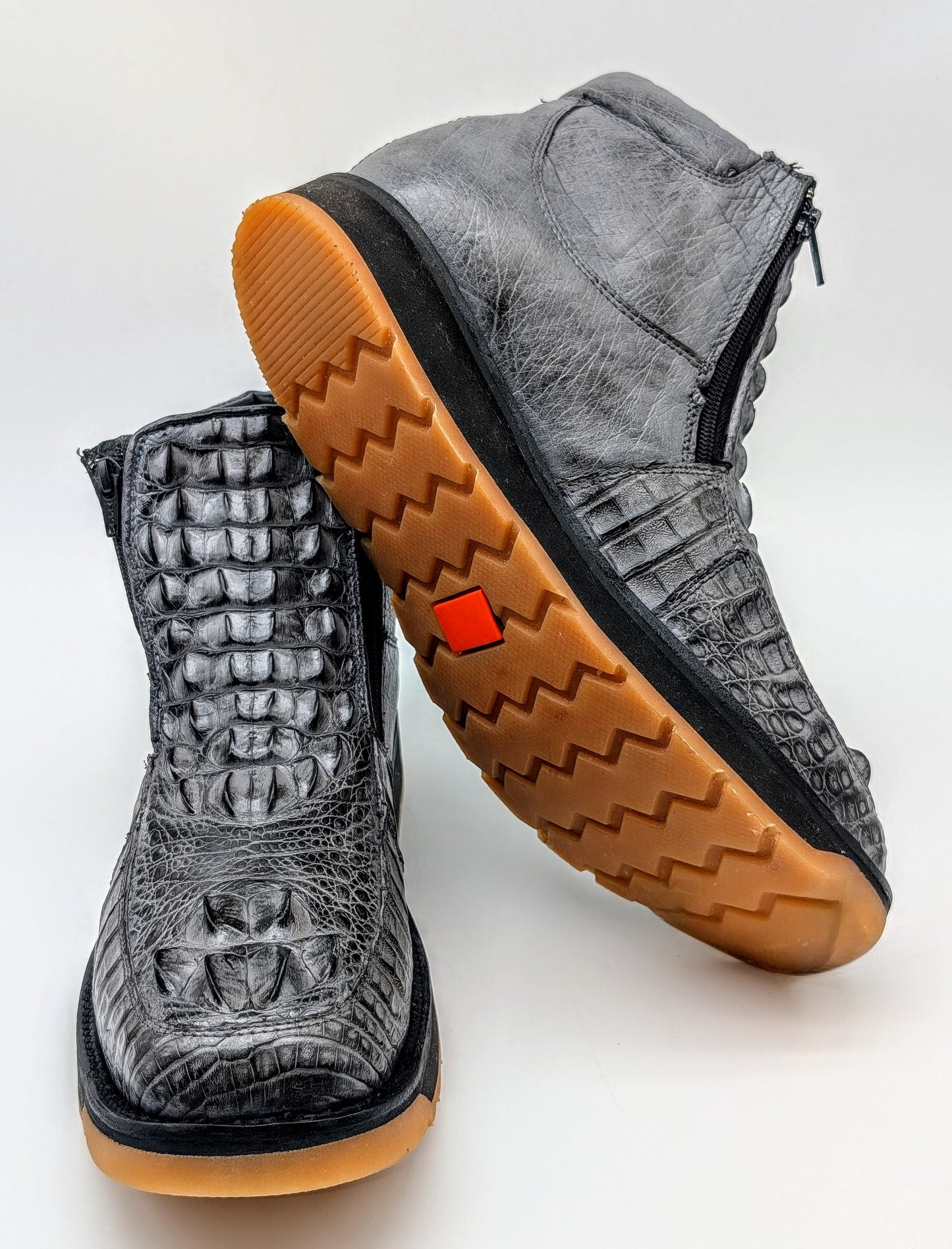 Sobek's Hornback Alligator Ostrich Ankle Boots, Chelsea Boots, Dual Zipper, Goodyear Welt, Lug Sole, Handmade Exotic Leather