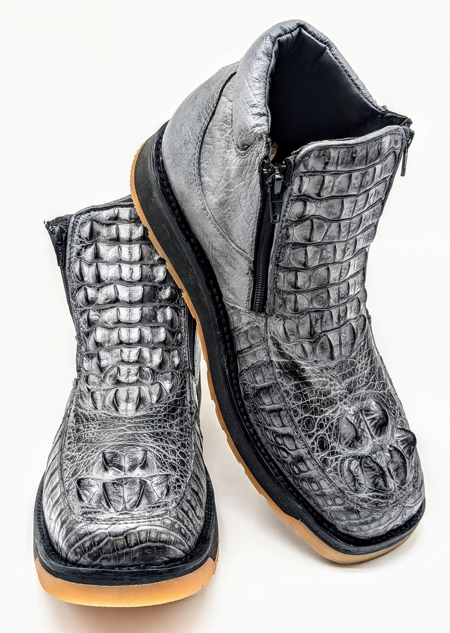 Sobek's Hornback Alligator Ostrich Ankle Boots, Chelsea Boots, Dual Zipper, Goodyear Welt, Lug Sole, Handmade Exotic Leather