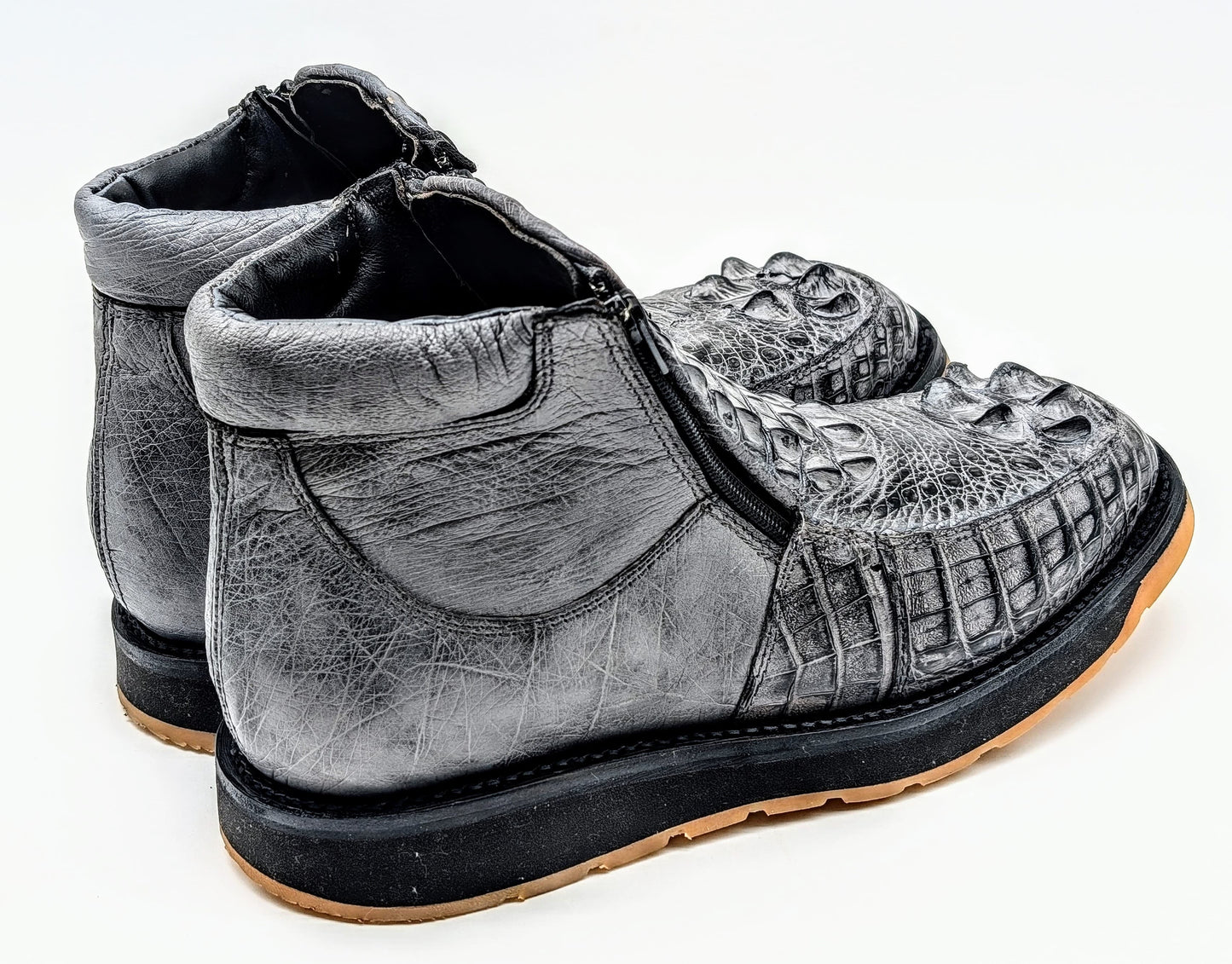 Sobek's Hornback Alligator Ostrich Ankle Boots, Chelsea Boots, Dual Zipper, Goodyear Welt, Lug Sole, Handmade Exotic Leather