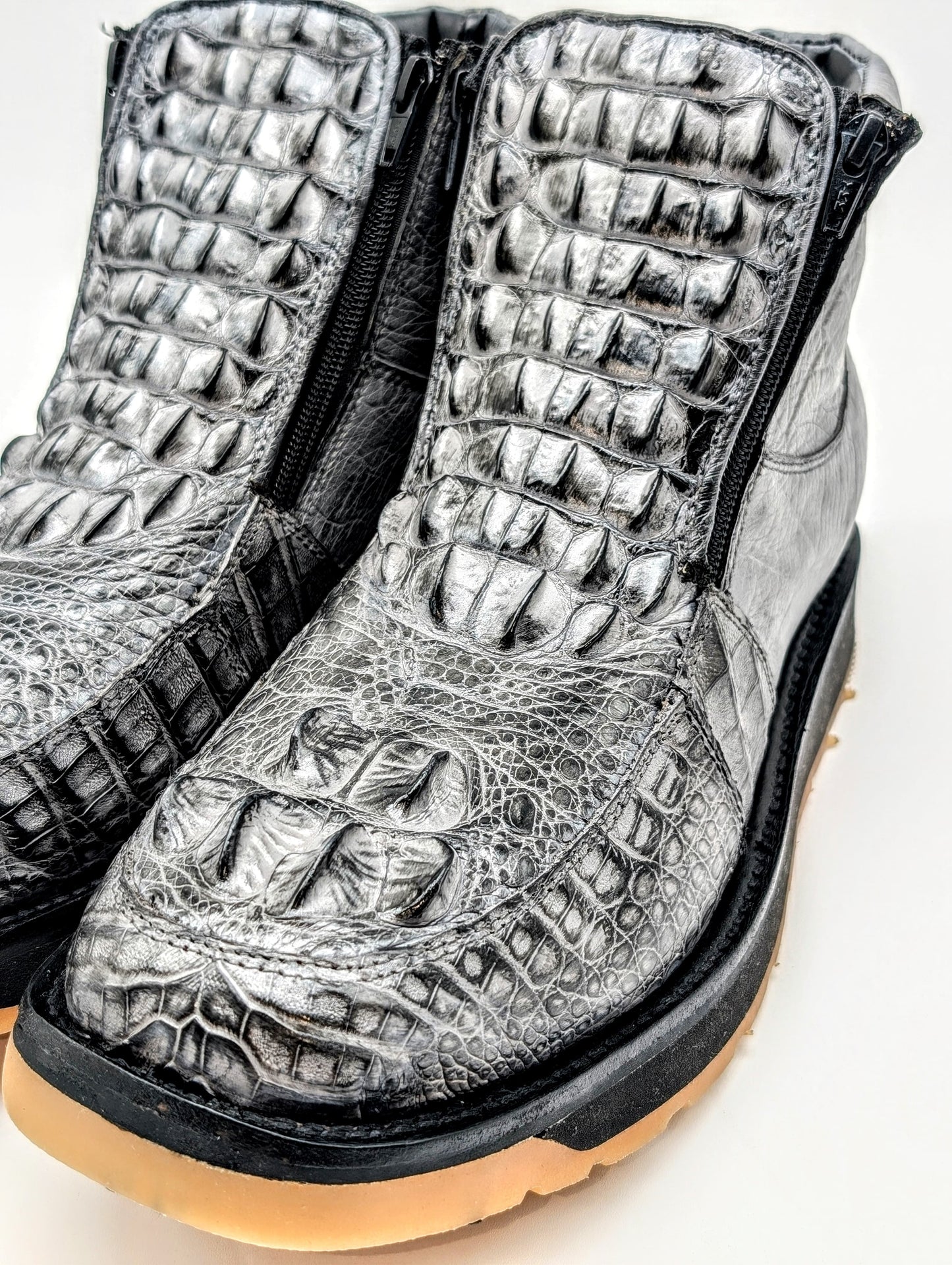 Sobek's Hornback Alligator Ostrich Ankle Boots, Chelsea Boots, Dual Zipper, Goodyear Welt, Lug Sole, Handmade Exotic Leather