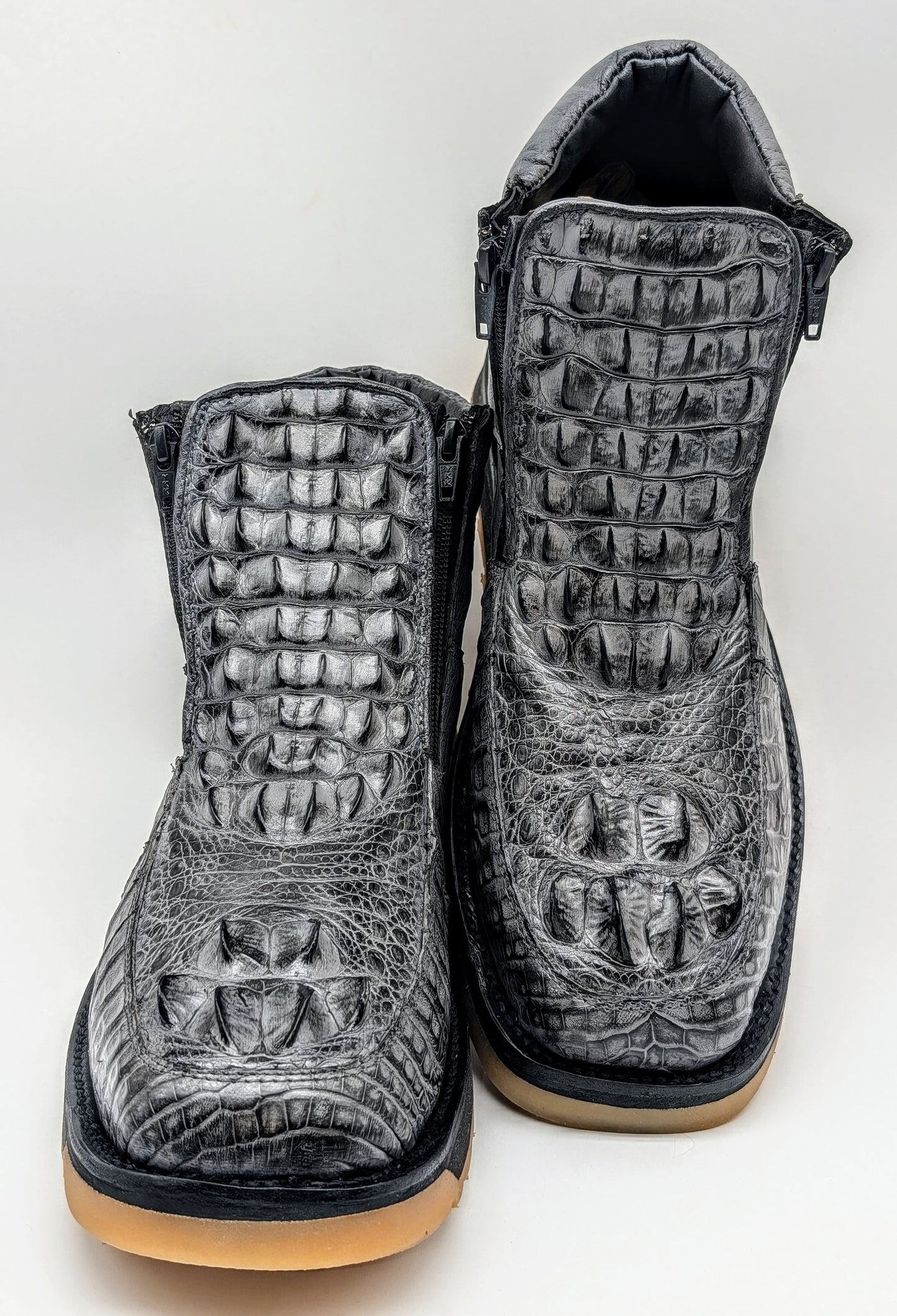 Sobek's Hornback Alligator Ostrich Ankle Boots, Chelsea Boots, Dual Zipper, Goodyear Welt, Lug Sole, Handmade Exotic Leather