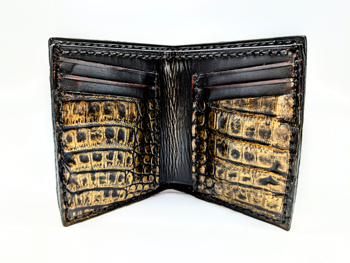 Black & Gold Genuine Alligator Hornback Leather Wallet – Full Alligator| 6 Card Slots | Sobek Leather