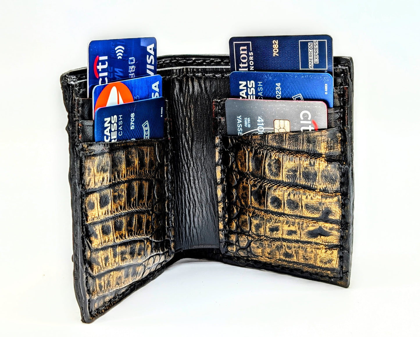 Black & Gold Genuine Alligator Hornback Leather Wallet – Full Alligator| 6 Card Slots | Sobek Leather