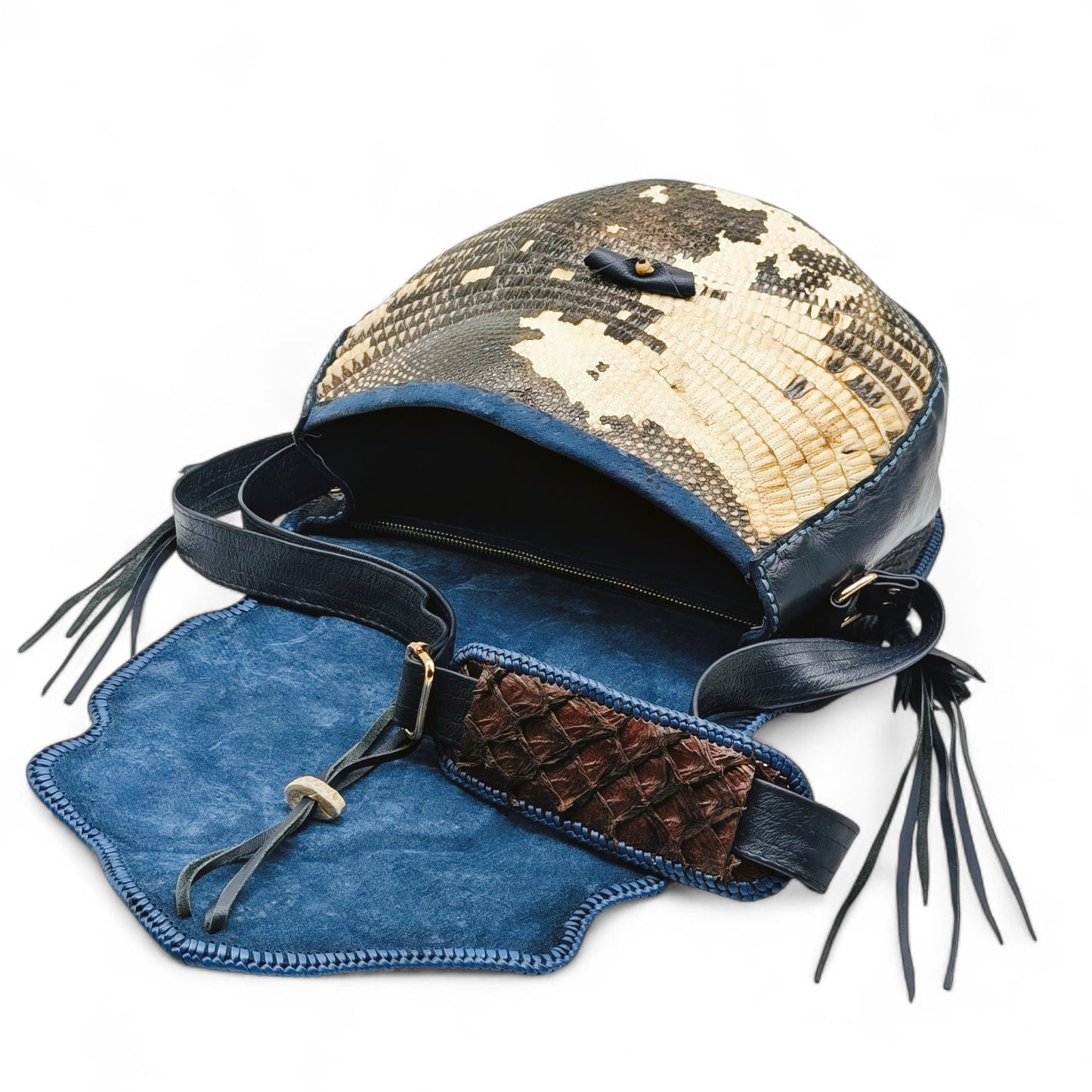 Bohemian Armadillo Shell Bag with Pirarucu Leather, Labradorite Stone, Fringe & Antler Bone