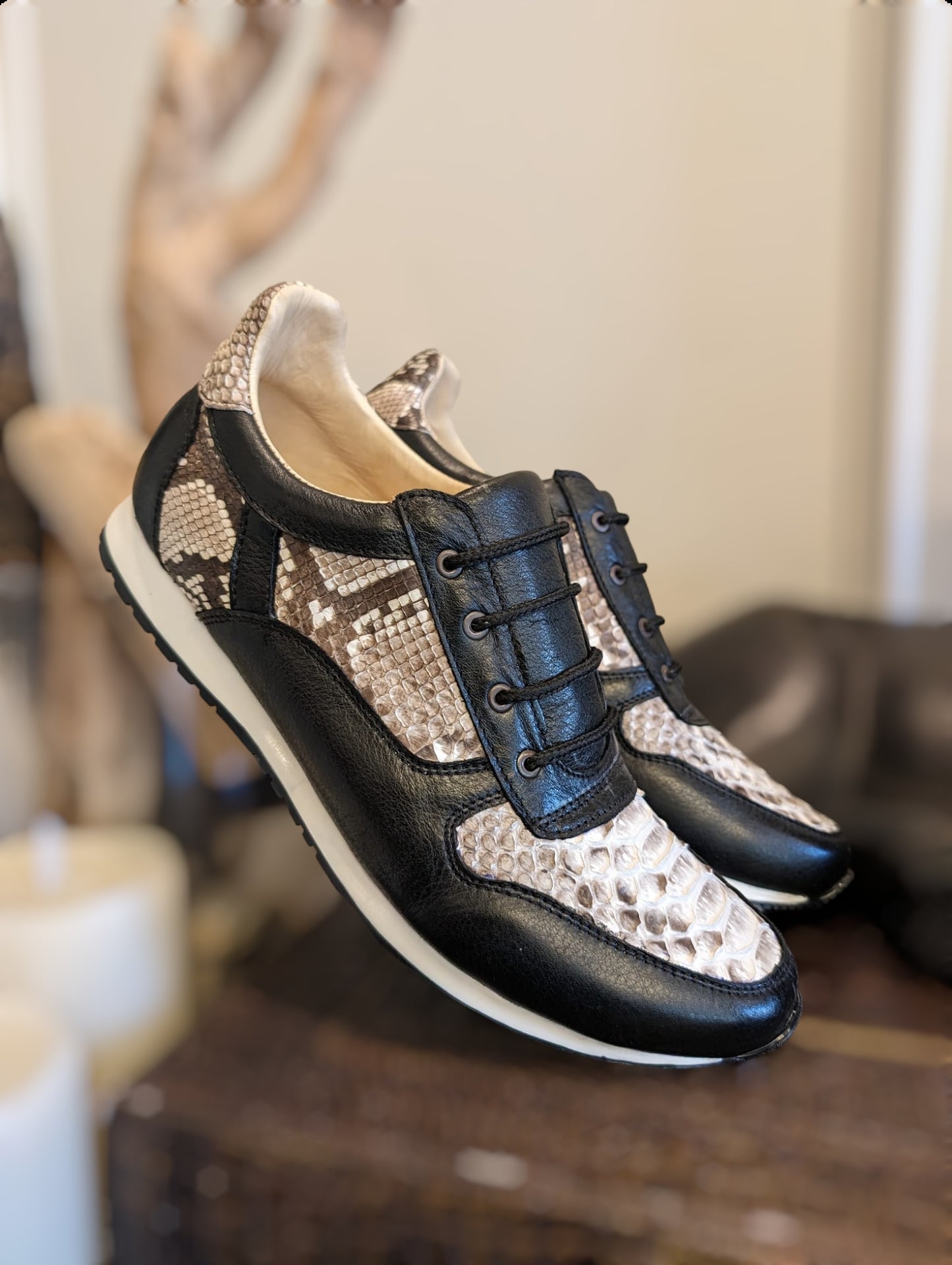 Natural Snakeskin and Black Leather Lace Up Sneaker Shoes