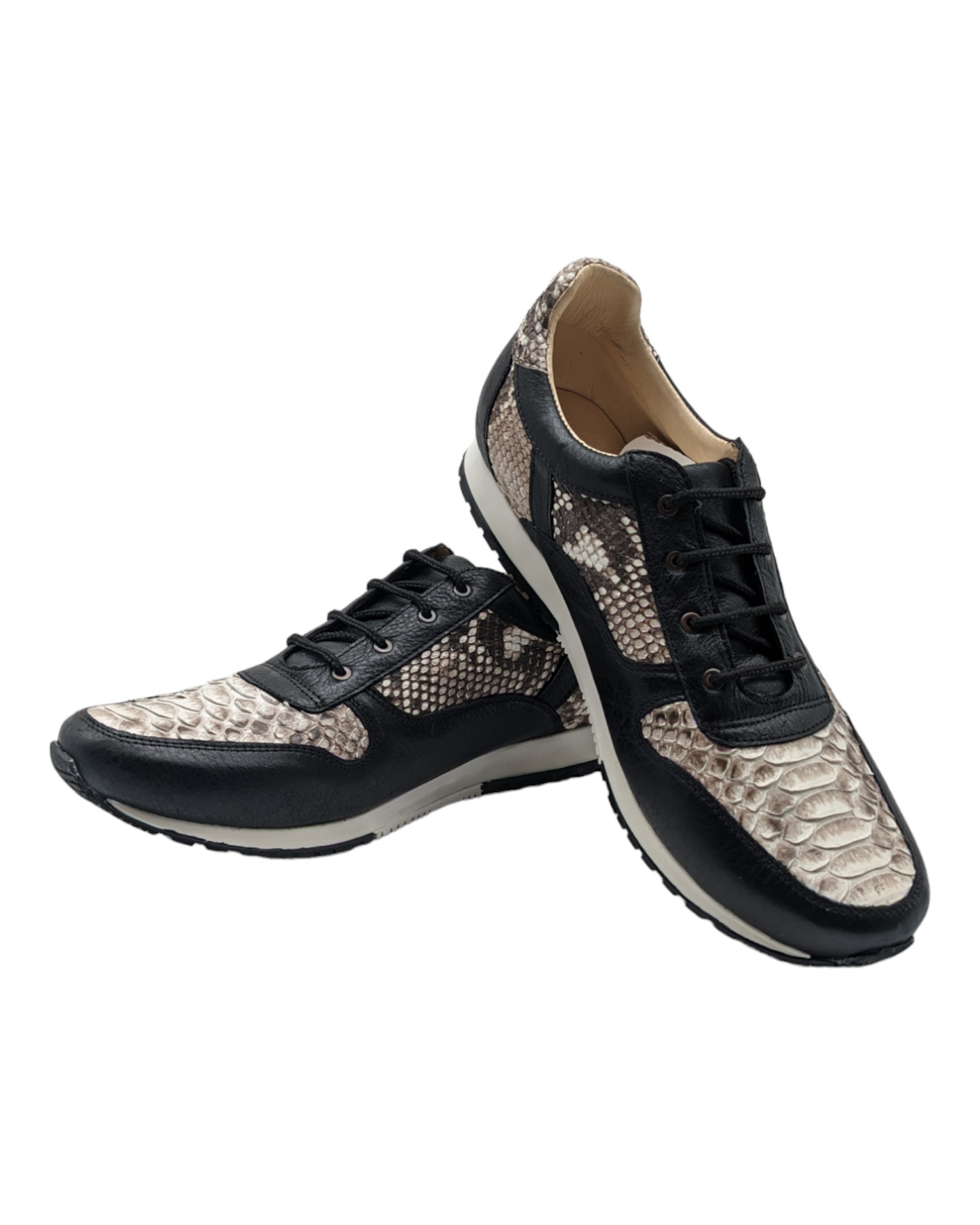 Natural Snakeskin and Black Leather Lace Up Sneaker Shoes