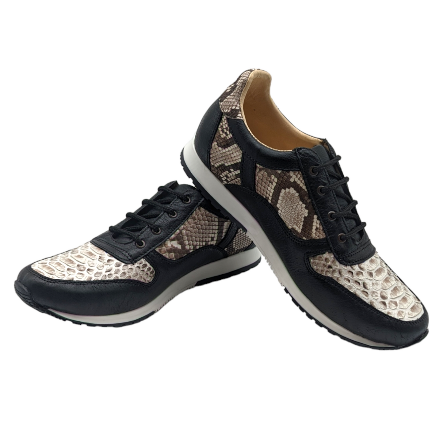 Natural Snakeskin and Black Leather Lace Up Sneaker Shoes