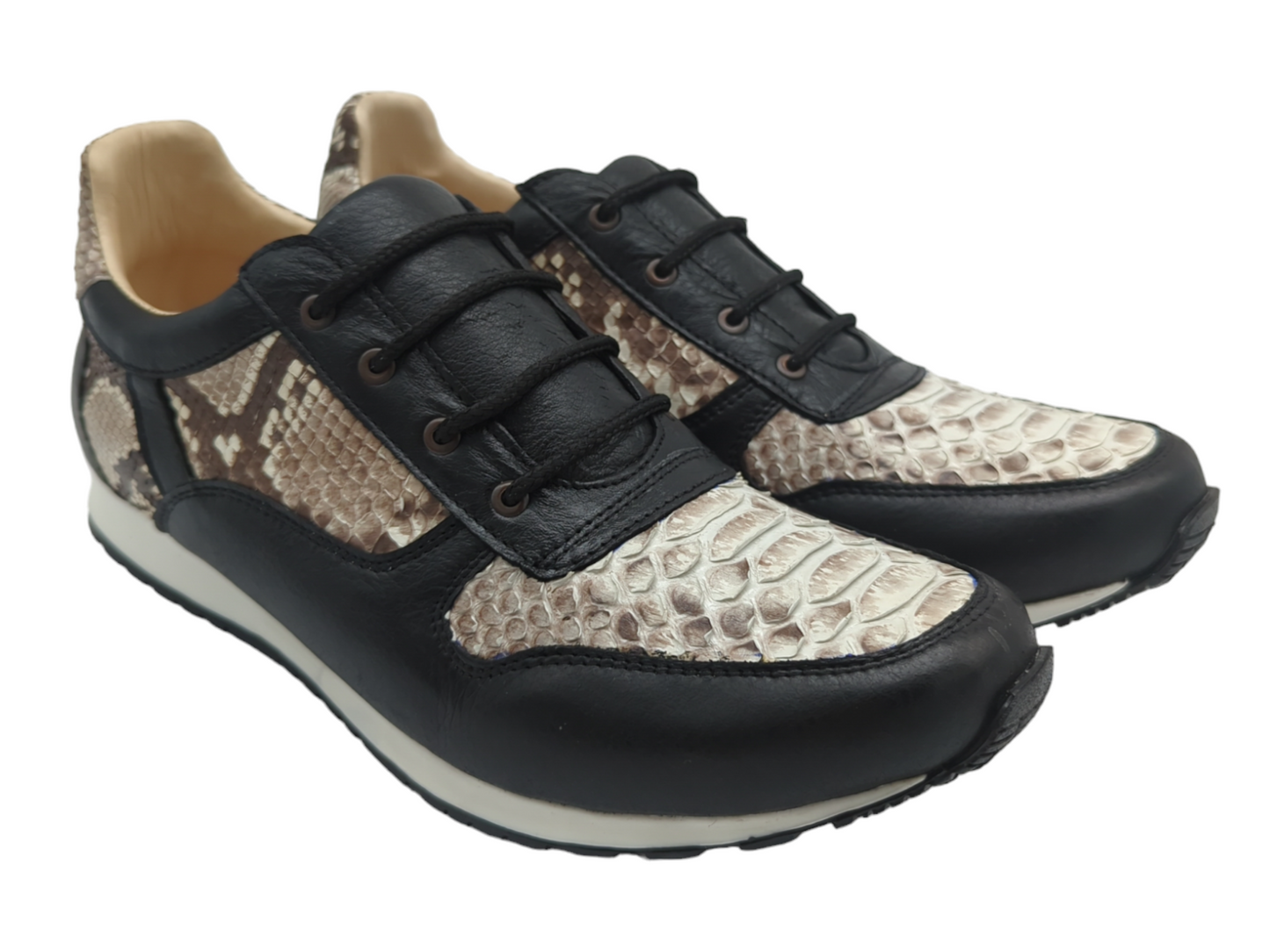 Natural Snakeskin and Black Leather Lace Up Sneaker Shoes