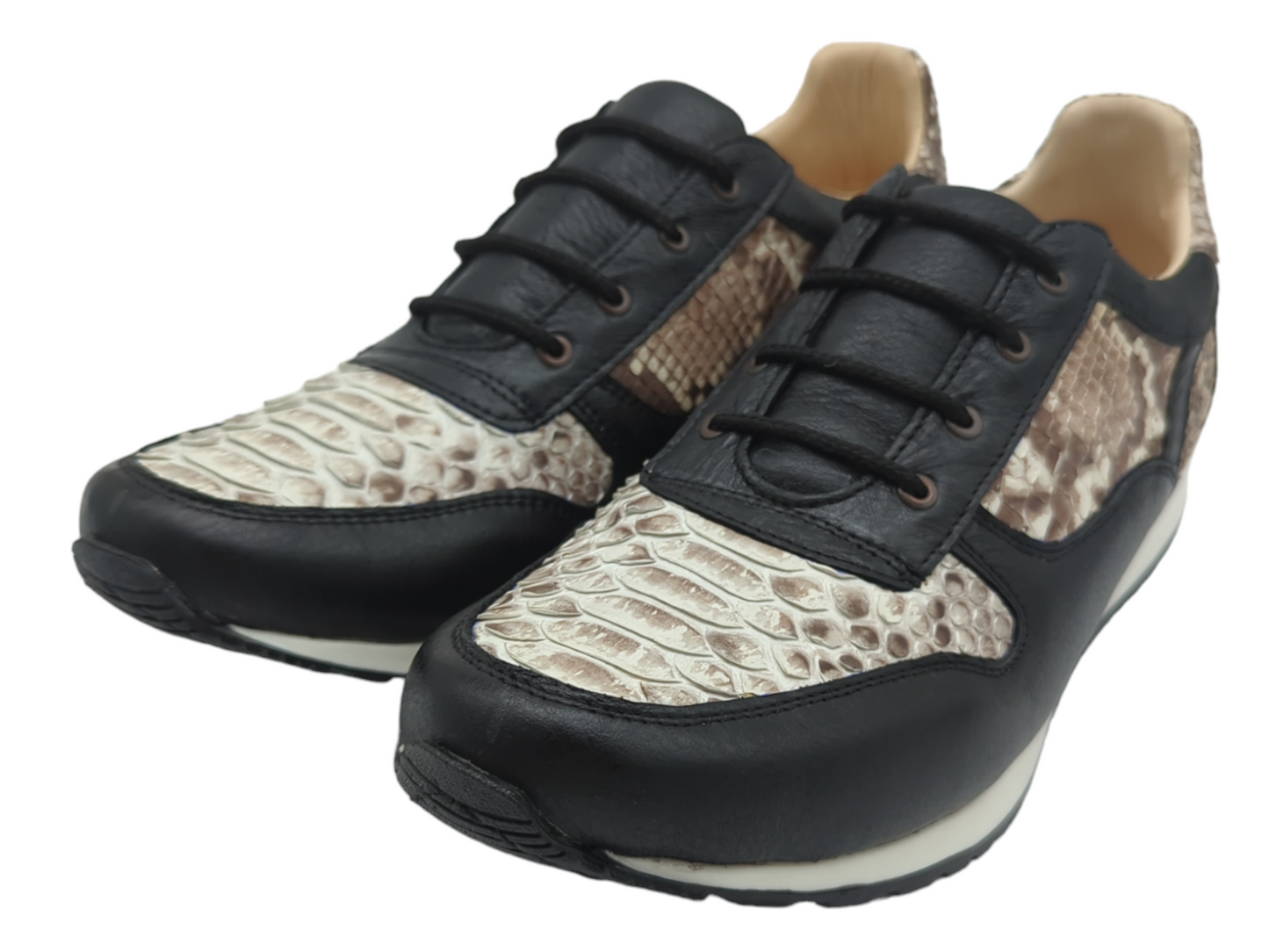 Natural Snakeskin and Black Leather Lace Up Sneaker Shoes
