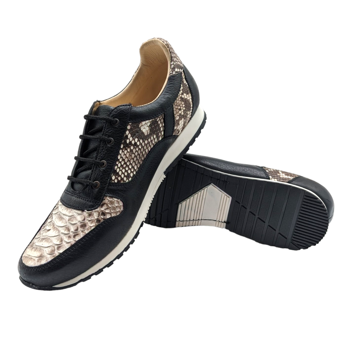 Natural Snakeskin and Black Leather Lace Up Sneaker Shoes