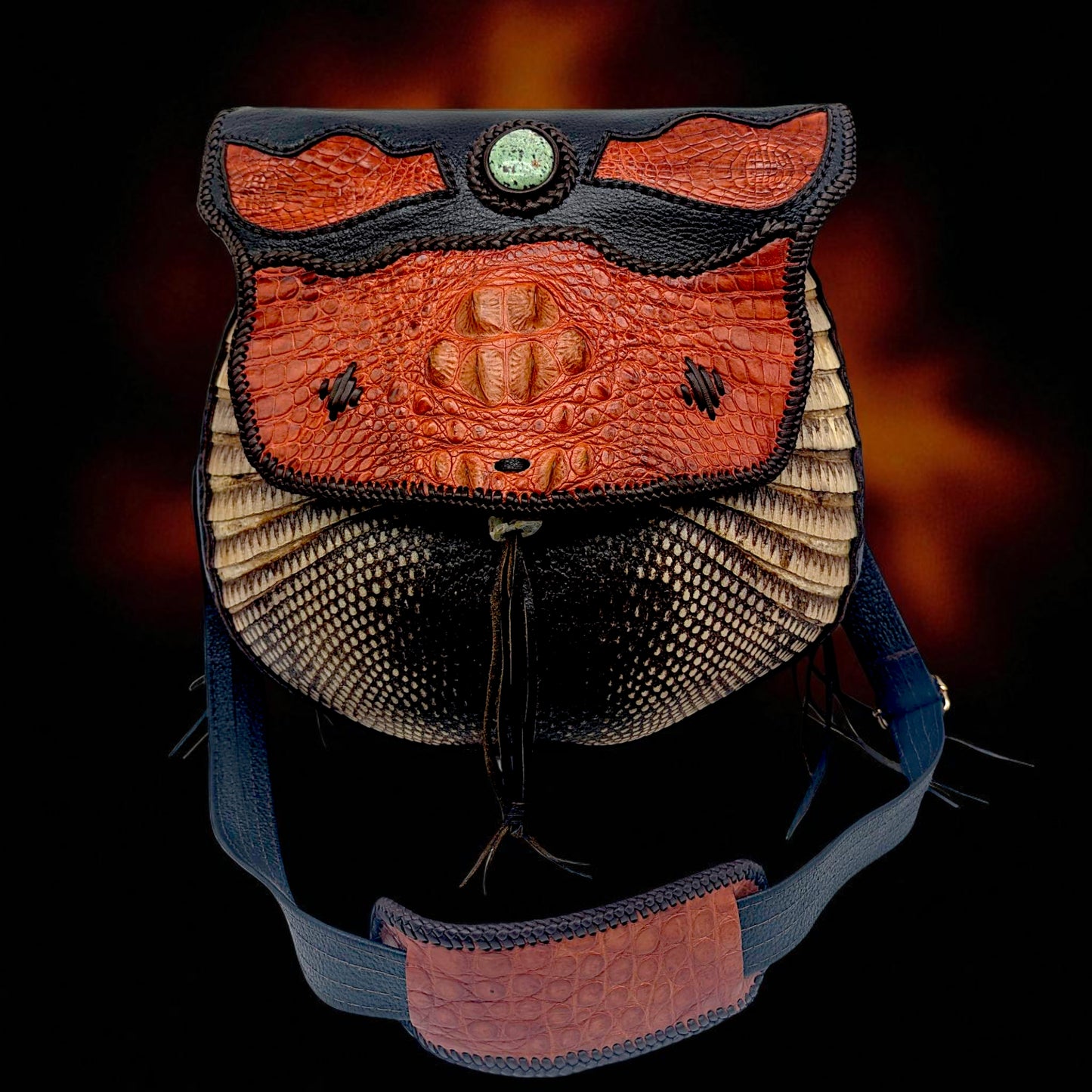 Artisan Armadillo Shell Bag with Alligator Hornback Crown, Turquoise & Antler – One of a Kind