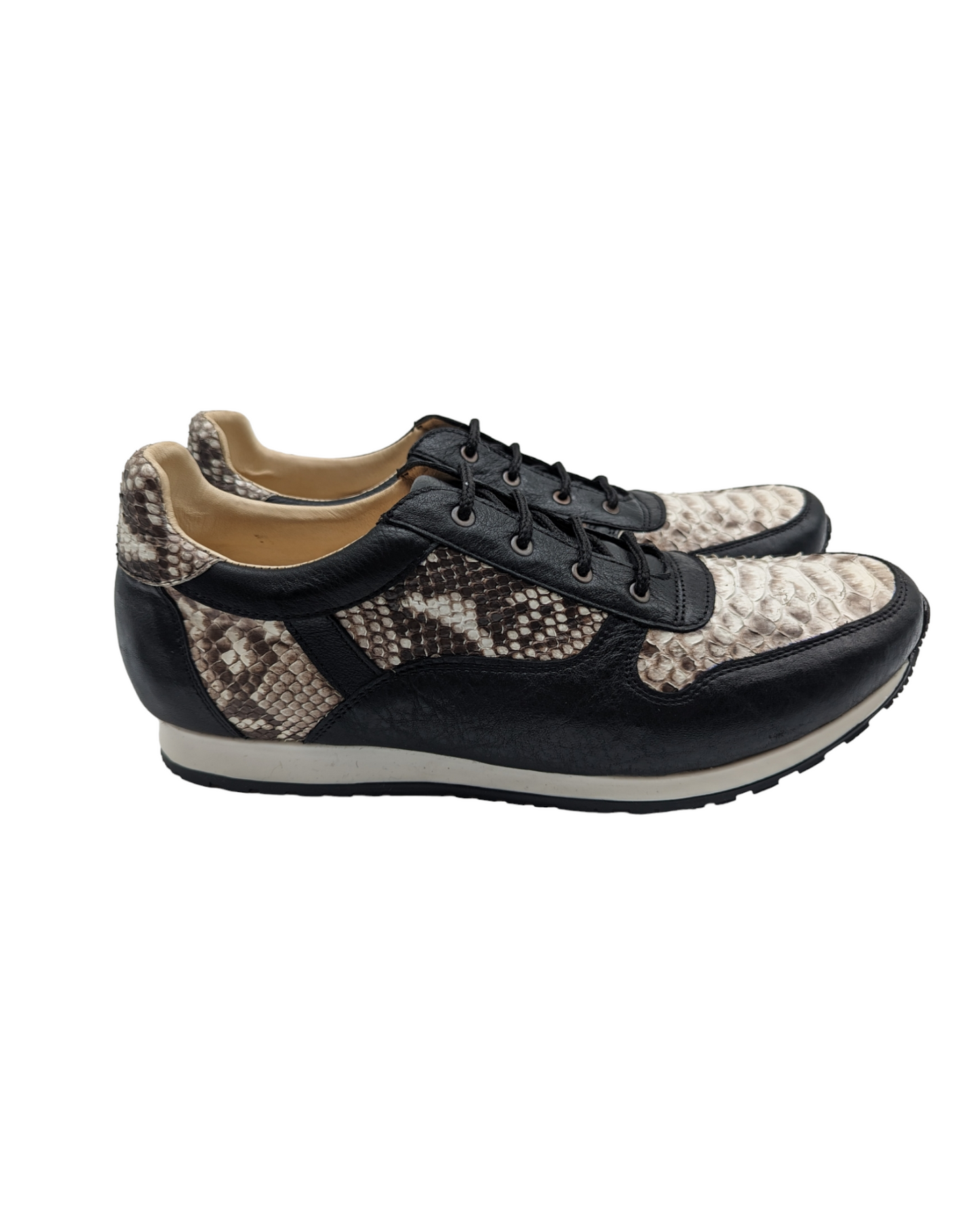 Natural Snakeskin and Black Leather Lace Up Sneaker Shoes