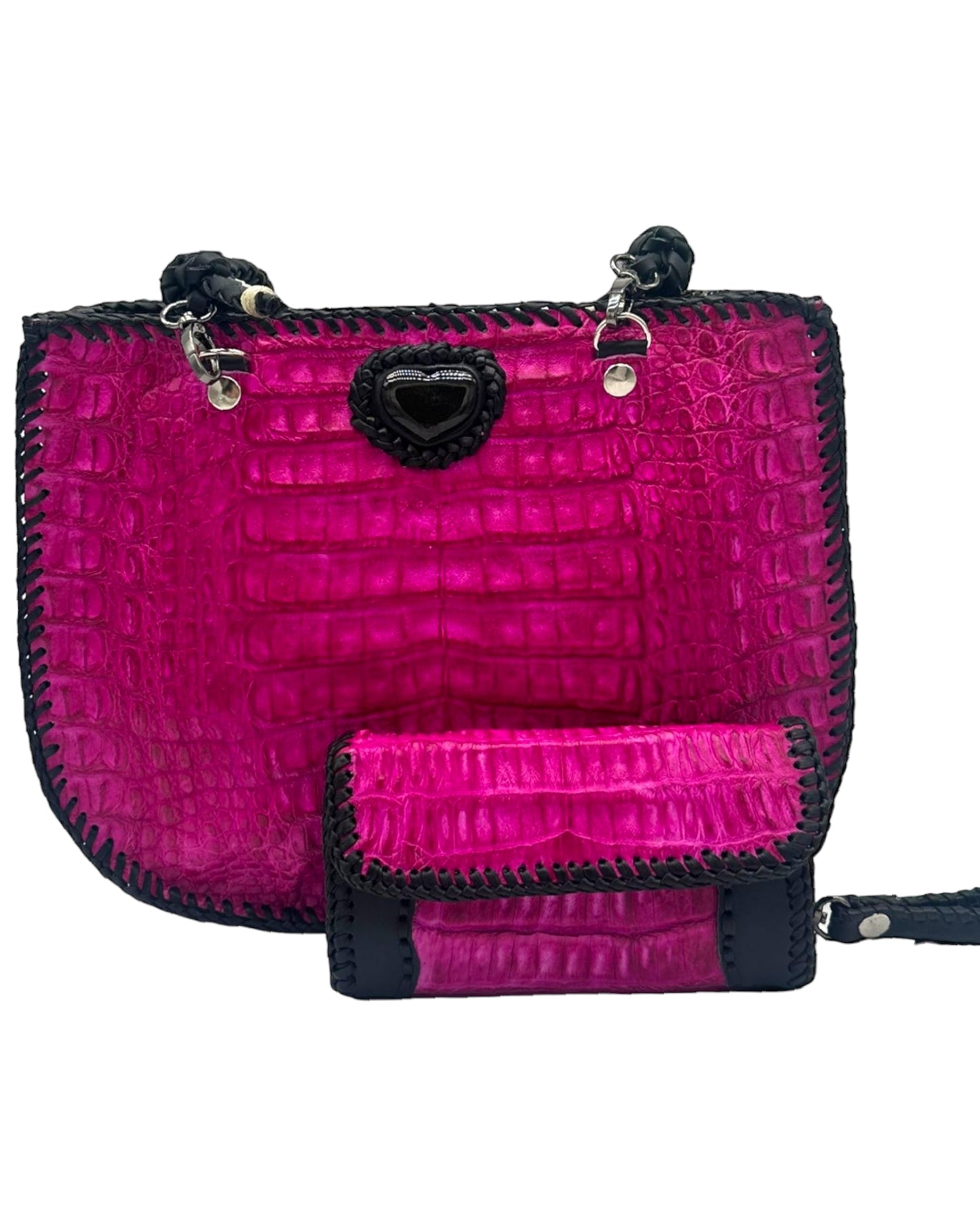 Pink Boho-Chic Alligator Hornback Leather Bag with an Obsidian Heart Stone Accent