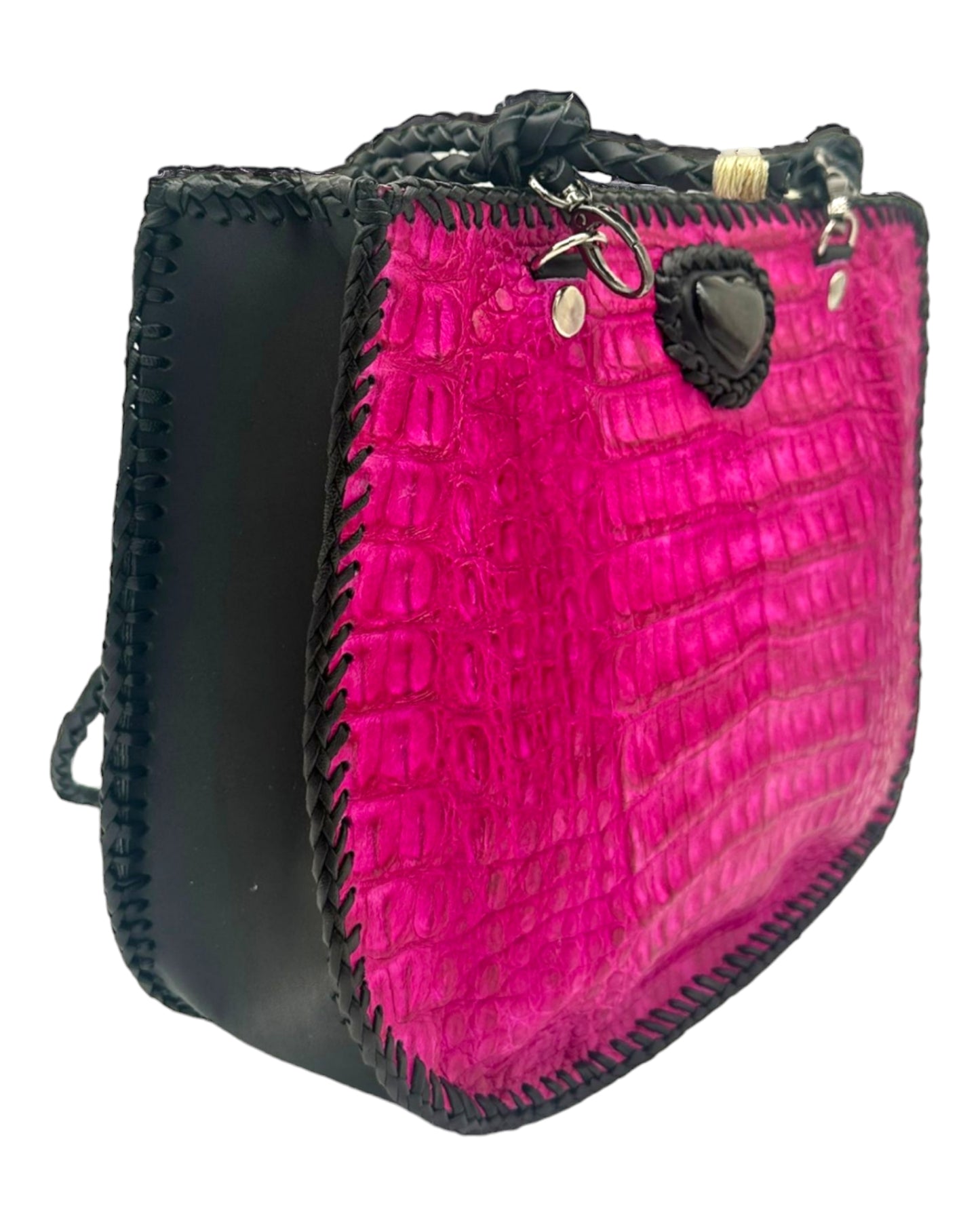 Pink Boho-Chic Alligator Hornback Leather Bag with an Obsidian Heart Stone Accent