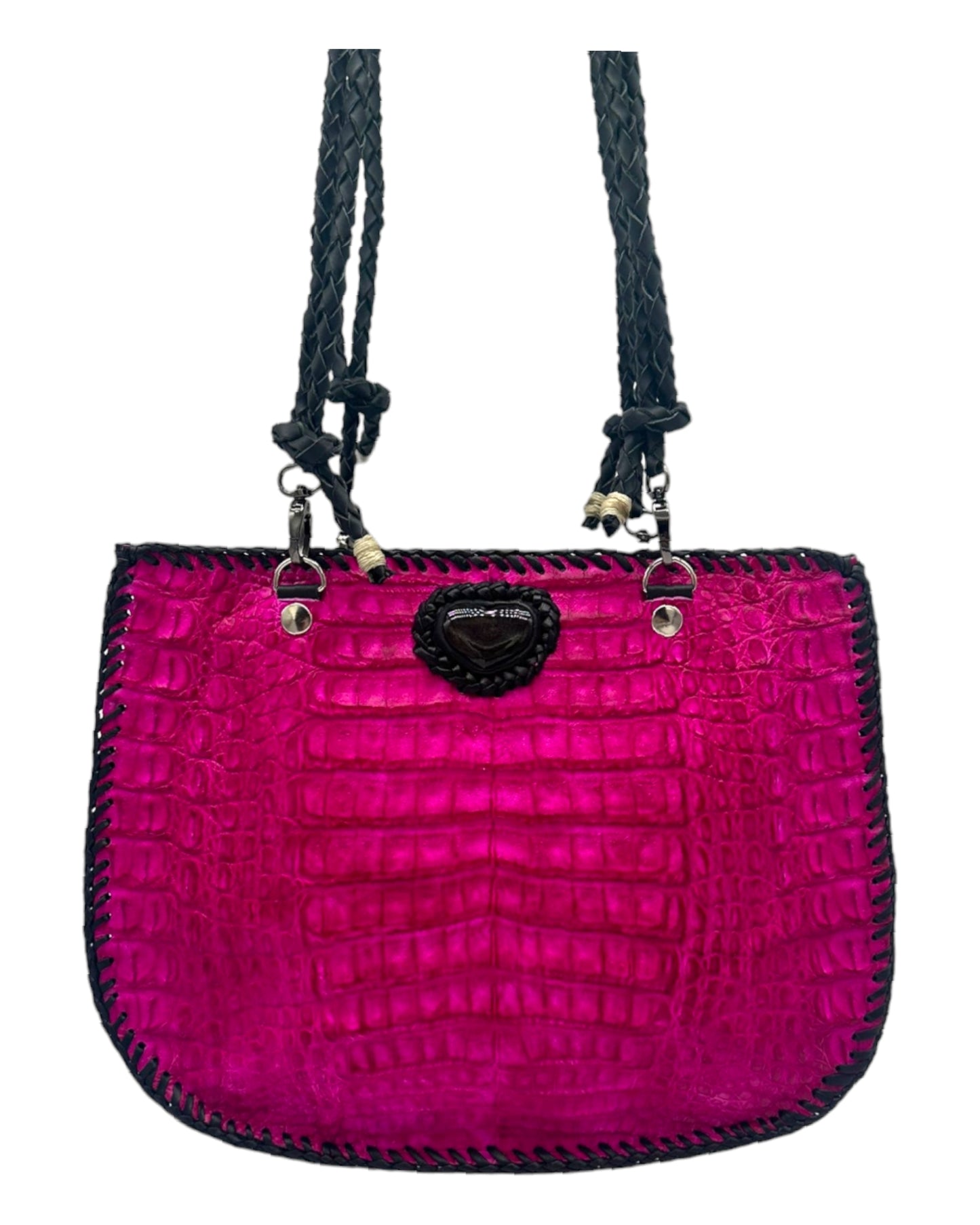 Pink Boho-Chic Alligator Hornback Leather Bag with an Obsidian Heart Stone Accent