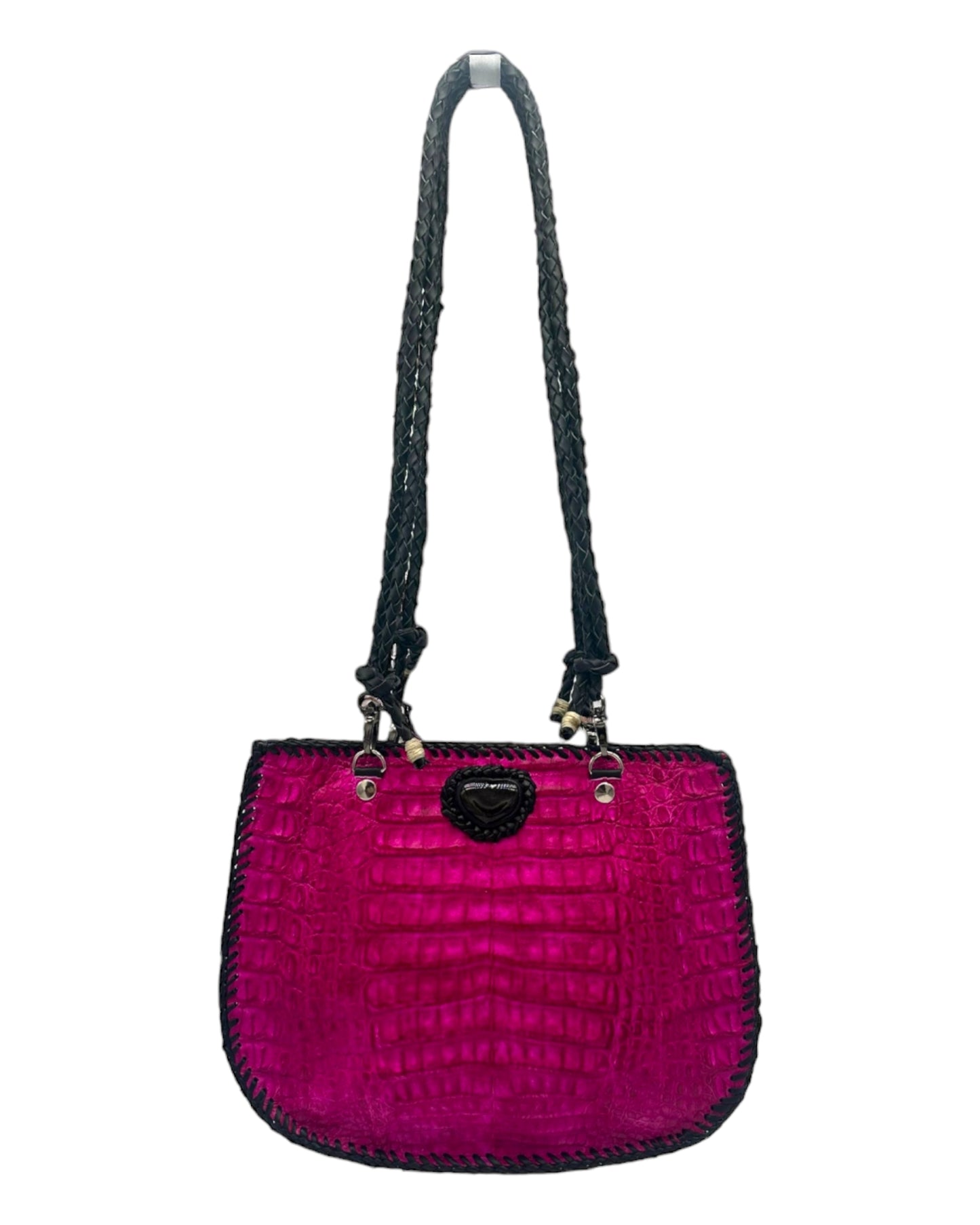 Pink Boho-Chic Alligator Hornback Leather Bag with an Obsidian Heart Stone Accent