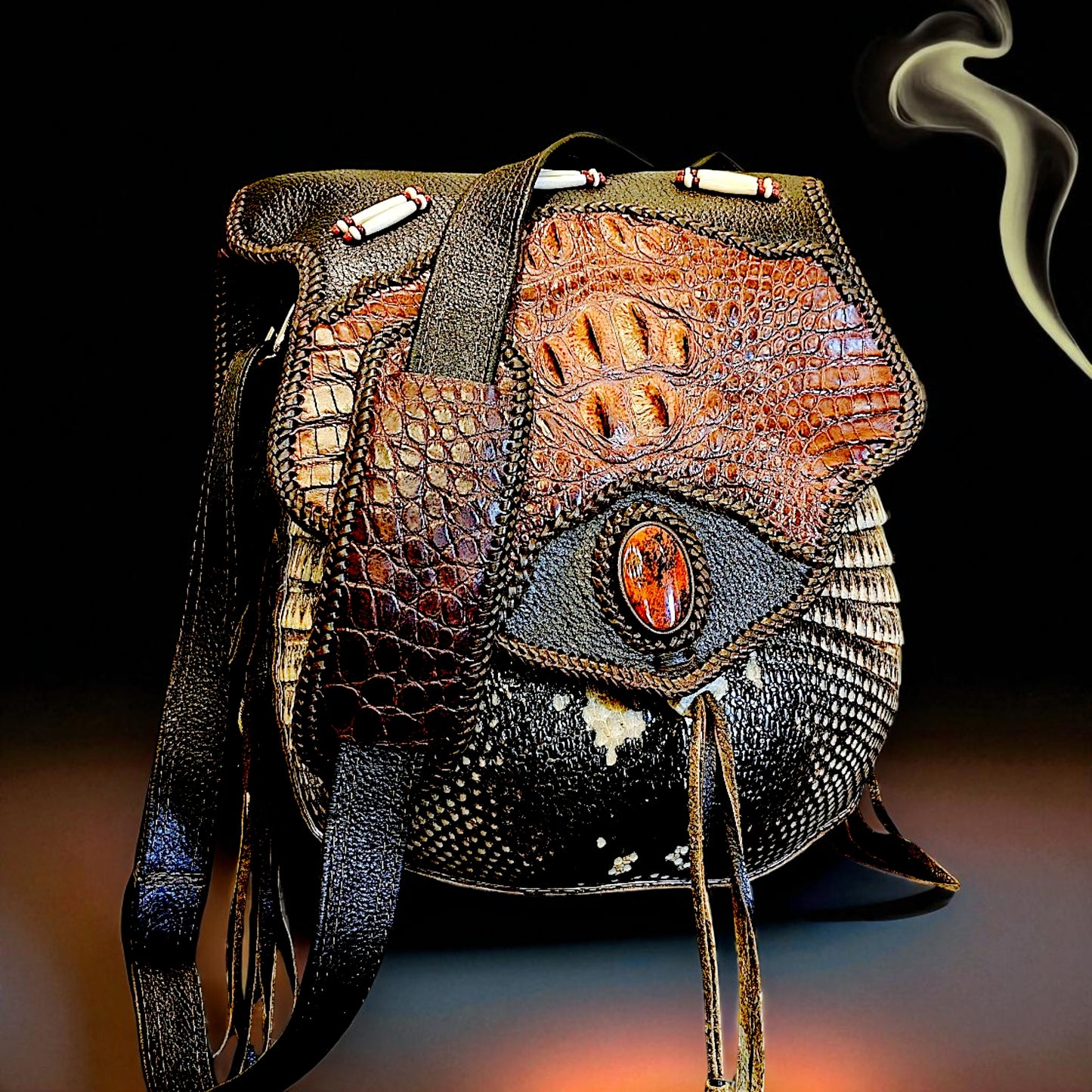 Artisan Armadillo Shell Bag with Alligator Hornback Crown, Mahogany Obsidian Stone & Antler – One of a Kind