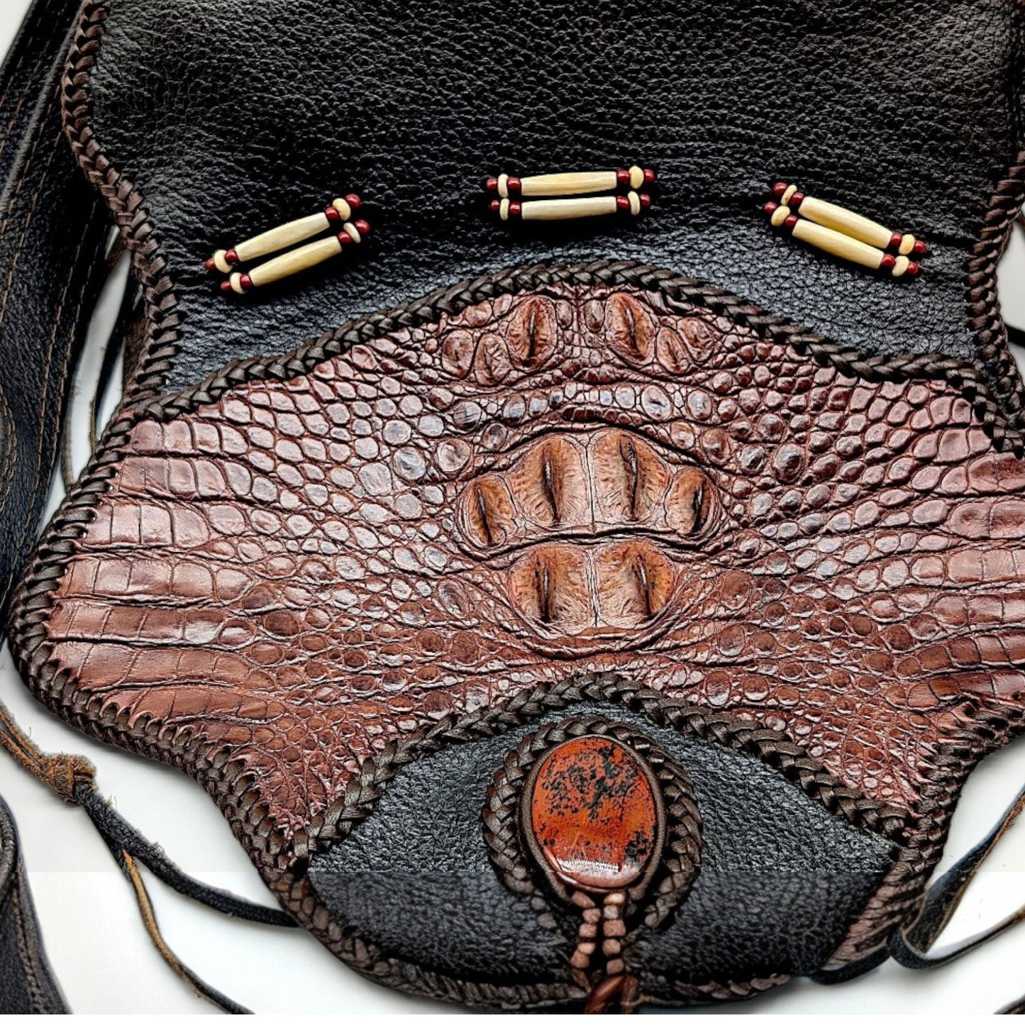 Artisan Armadillo Shell Bag with Alligator Hornback Crown, Mahogany Obsidian Stone & Antler – One of a Kind