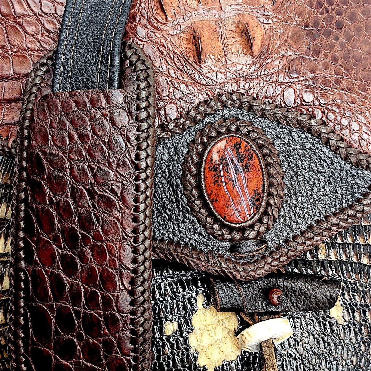 Artisan Armadillo Shell Bag with Alligator Hornback Crown, Mahogany Obsidian Stone & Antler – One of a Kind