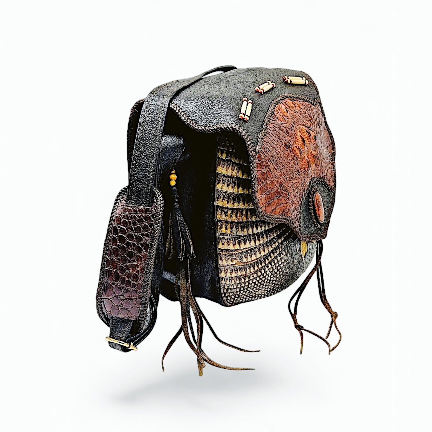 Artisan Armadillo Shell Bag with Alligator Hornback Crown, Mahogany Obsidian Stone & Antler – One of a Kind