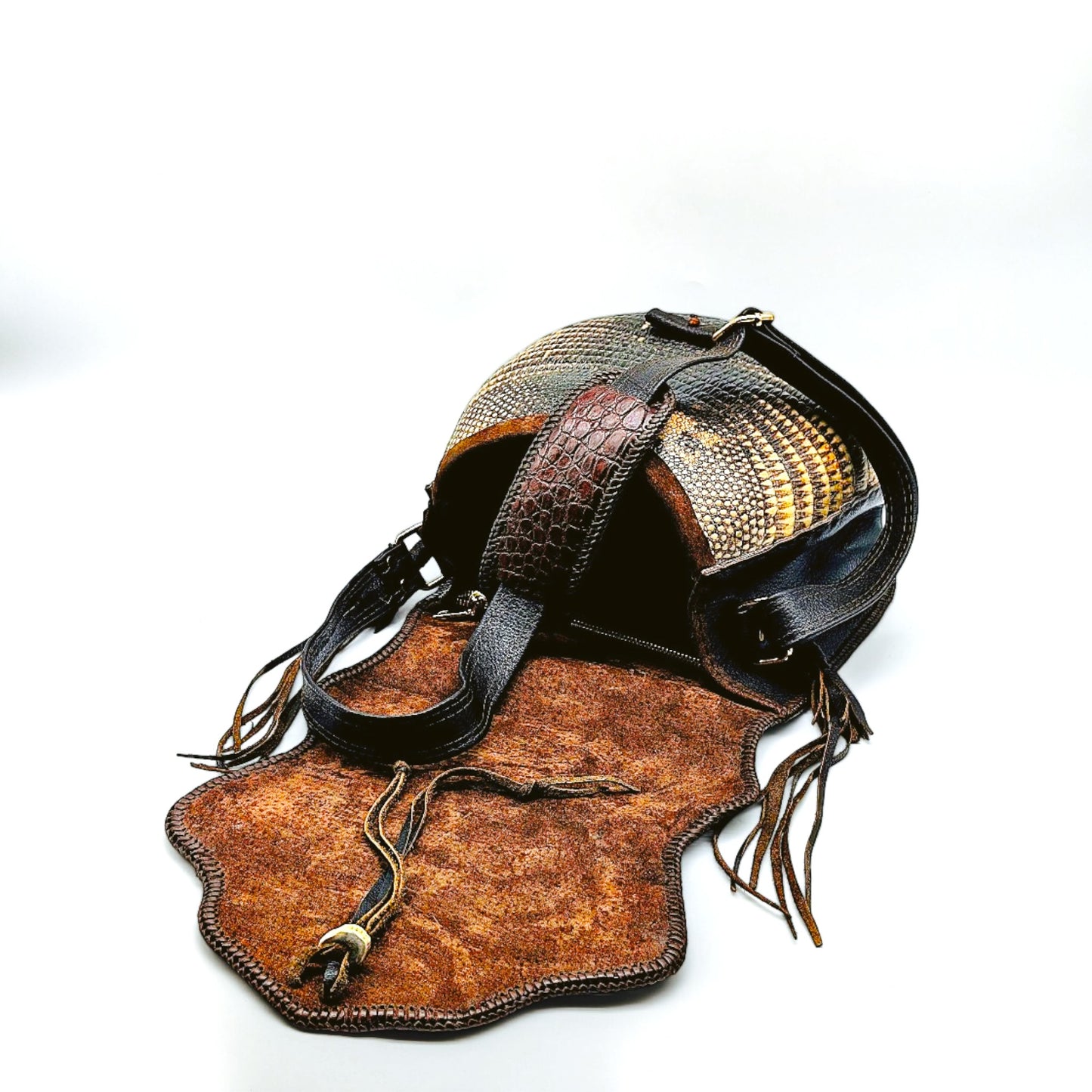 Artisan Armadillo Shell Bag with Alligator Hornback Crown, Mahogany Obsidian Stone & Antler – One of a Kind
