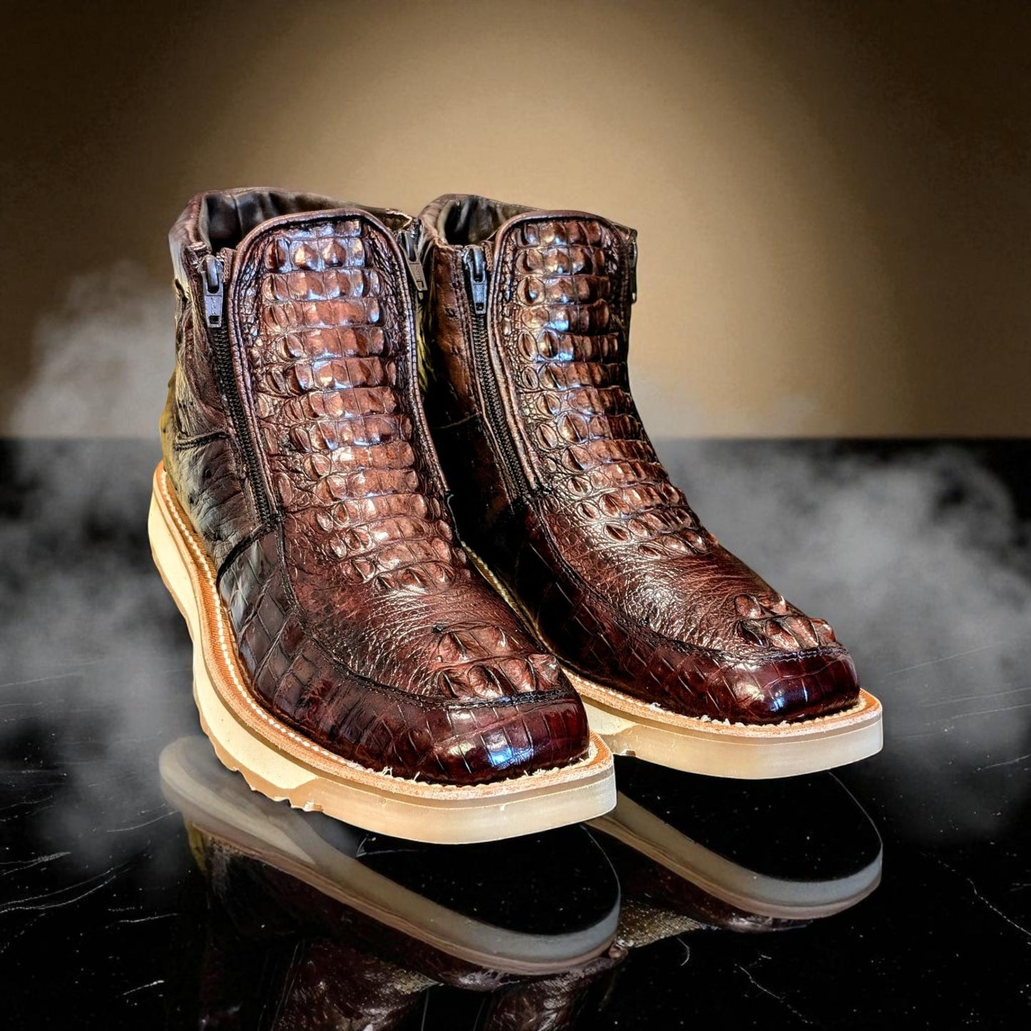 Sobek's Hornback Alligator Ostrich Ankle Boots for Men, Chelsea Style, Dual Zipper, Goodyear Welt, Lug Sole, Handmade Exotic Leather