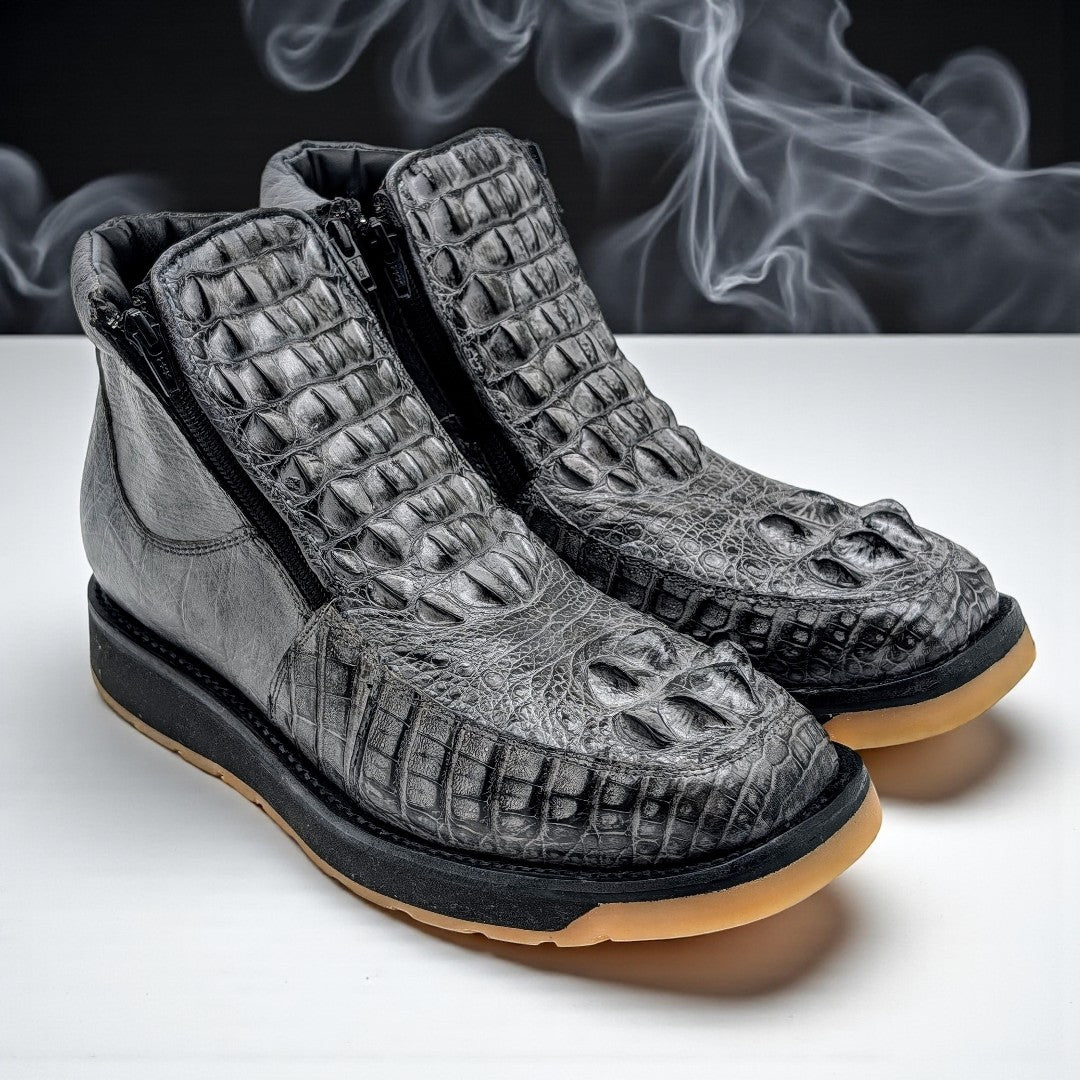 Sobek's Hornback Alligator Ostrich Ankle Boots, Chelsea Boots, Dual Zipper, Goodyear Welt, Lug Sole, Handmade Exotic Leather
